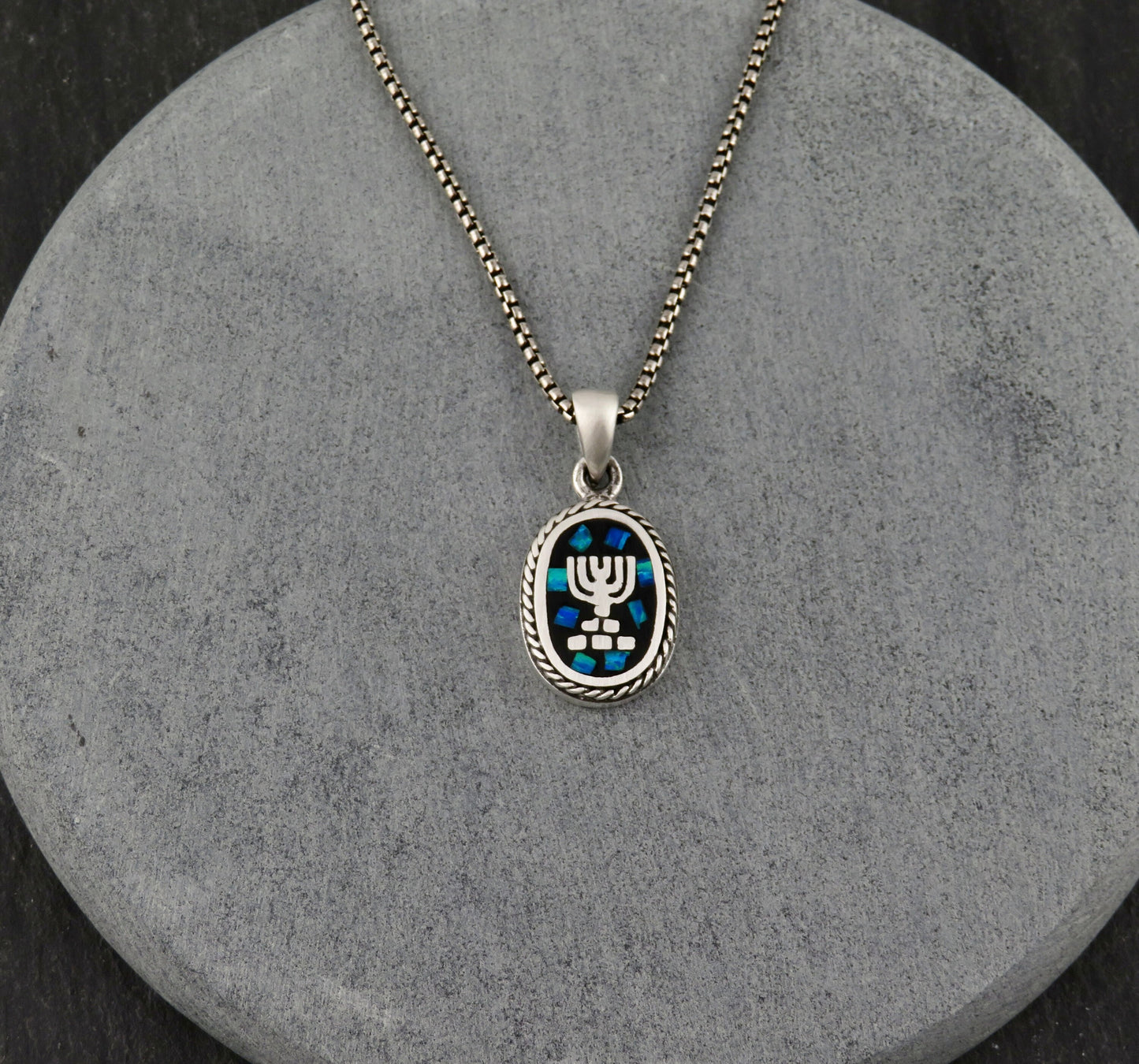 Sterling Opal Judaica Necklace | Silver Menorah Pendant | Mosaic Opal Jewish Necklace | Opal Silver Fancy Judaic Pendant | Menorah Necklace