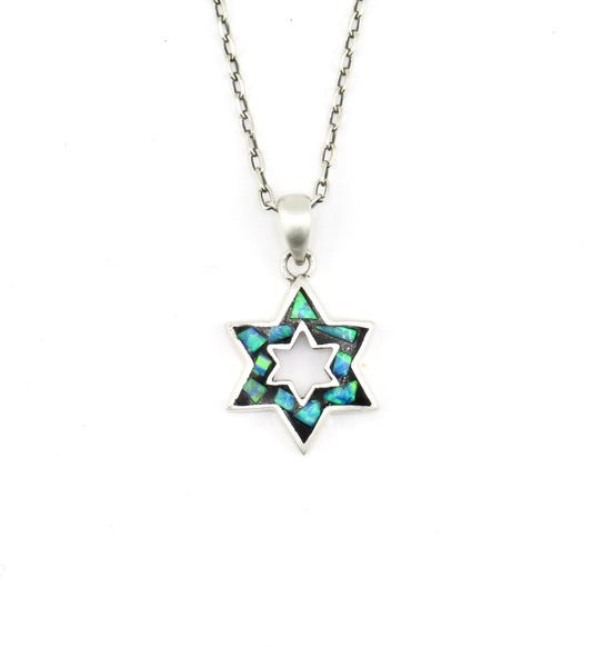 Jewish Star Necklace | Star of David Necklace | Sterling Opal Star Pendant | Judaic Necklace | Mosaic Opal Jewish Star Necklace