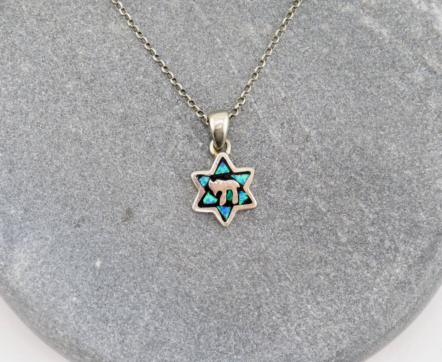 Jewish Star Necklace | Star of David Necklace | Sterling Opal Star Pendant | Silver Chai Star Necklace | Judaic Necklace | Chai Star Pendant