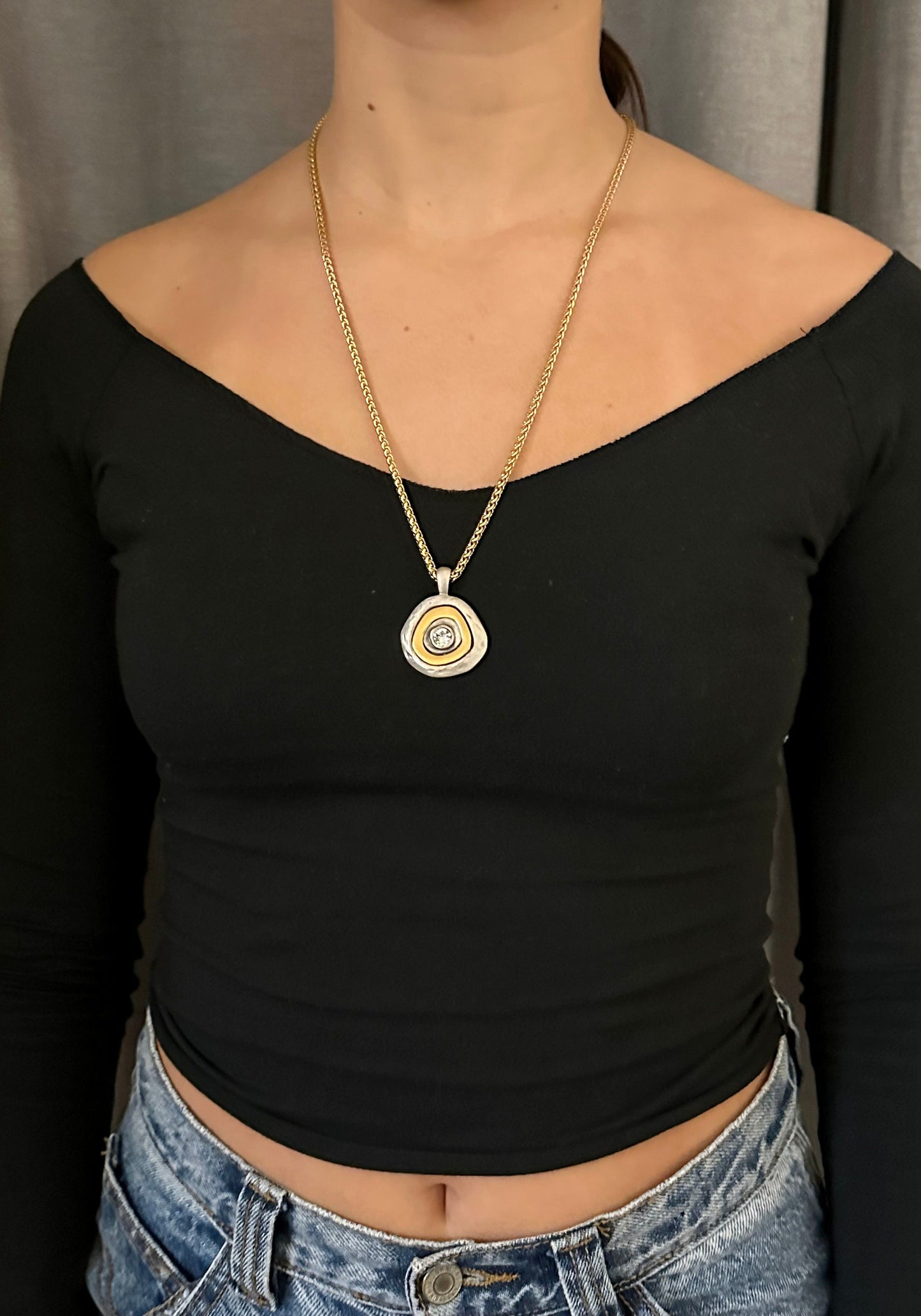 Two Tone Necklace | Hammered Gold Silver Pendant | Two Tone Sparkle Necklace | Mixed Metal Statement Pendant | Chunky Long Pendant