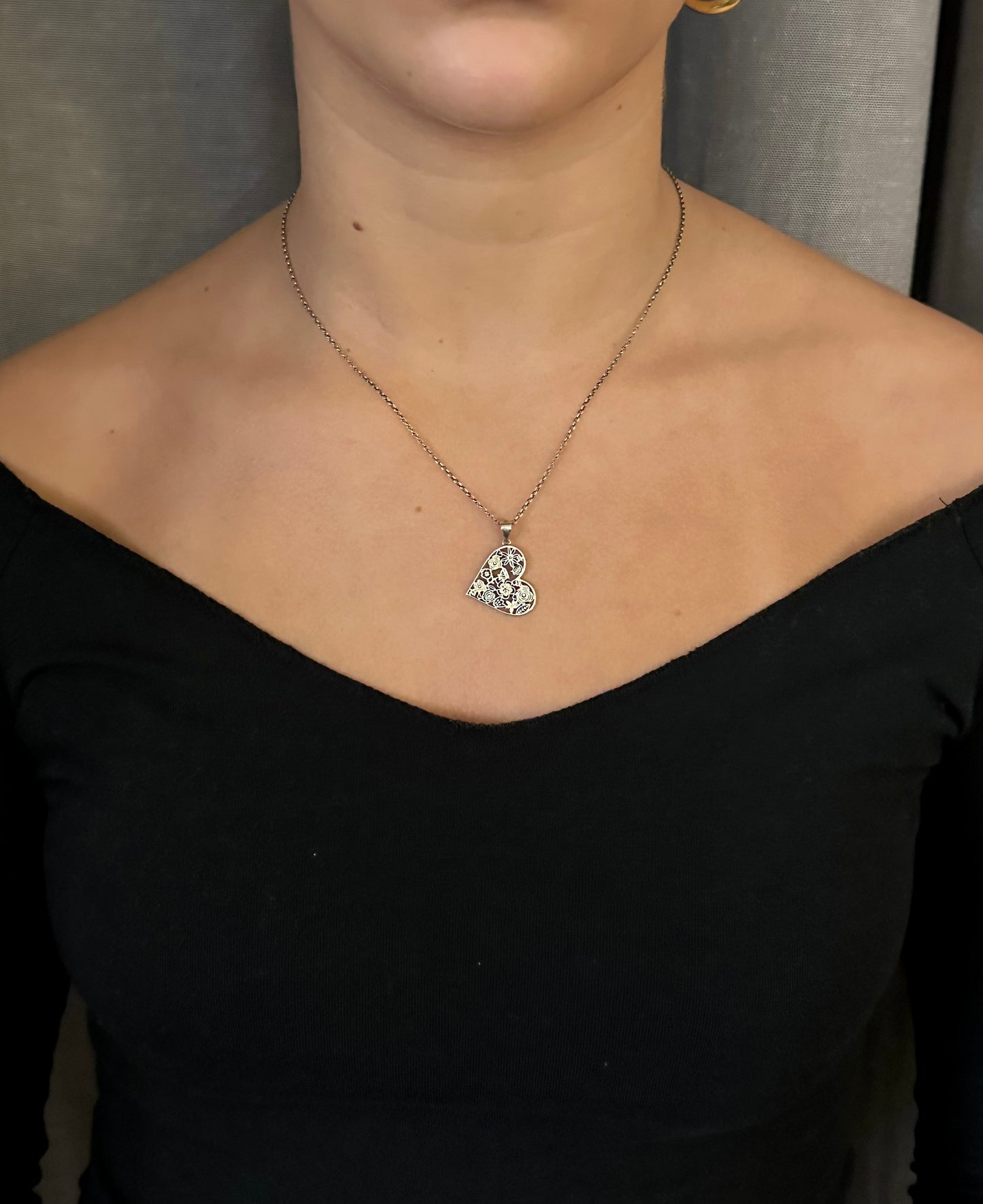 Sterling Heart Necklace, Silver Floral Heart Necklace, Sterling Love Necklace, Silver Heart Pendant, Unique Silver Heart Necklace