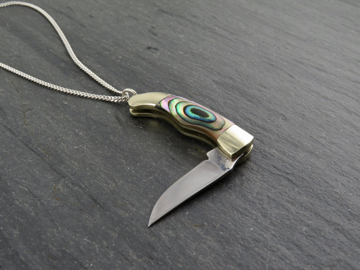 Abalone knife necklace, small pocketknife necklace, mini knife necklace, small pocketknife necklace, knife jewelry, small knife pendant