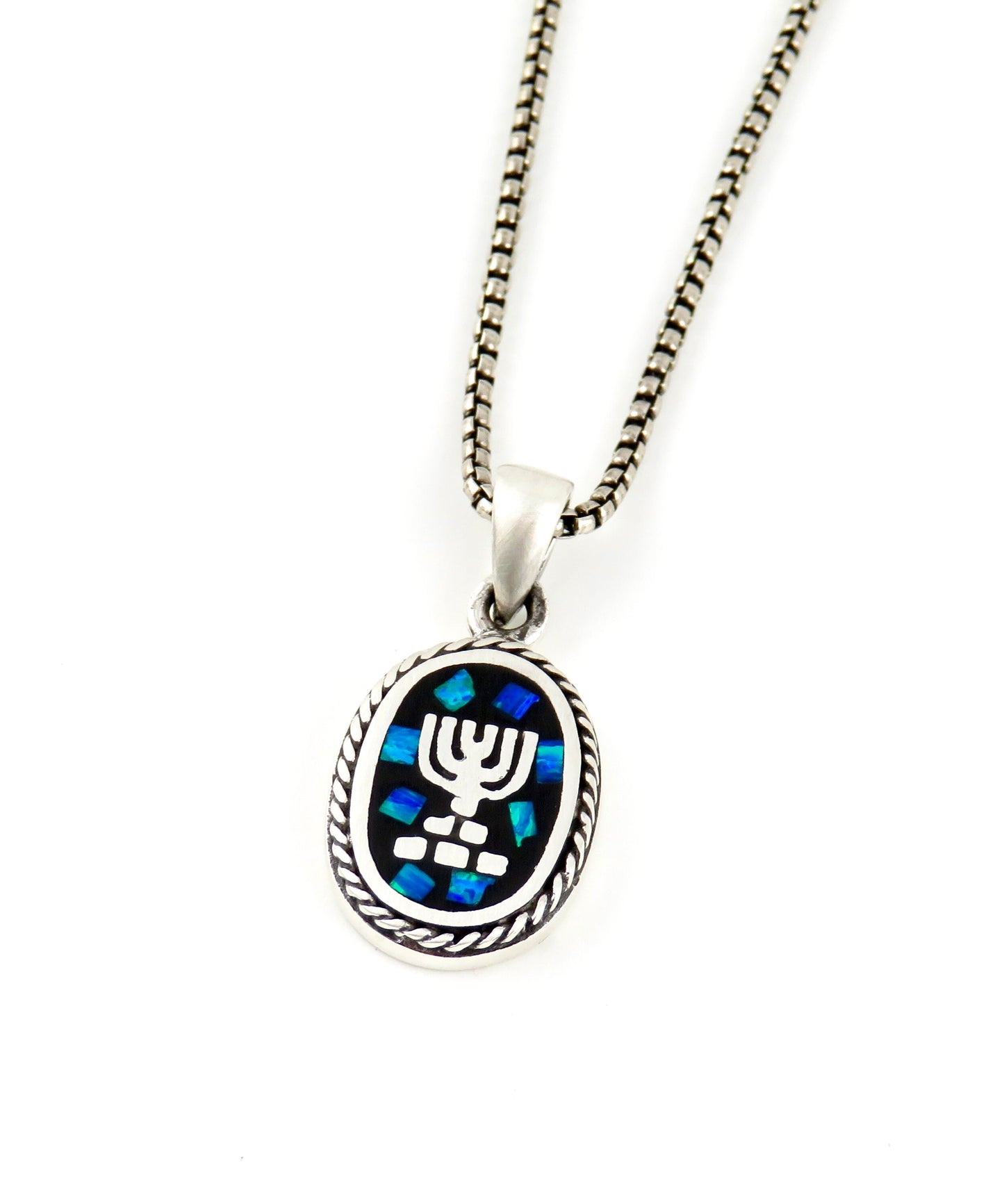 Sterling Opal Judaica Necklace | Silver Menorah Pendant | Mosaic Opal Jewish Necklace | Opal Silver Fancy Judaic Pendant | Menorah Necklace