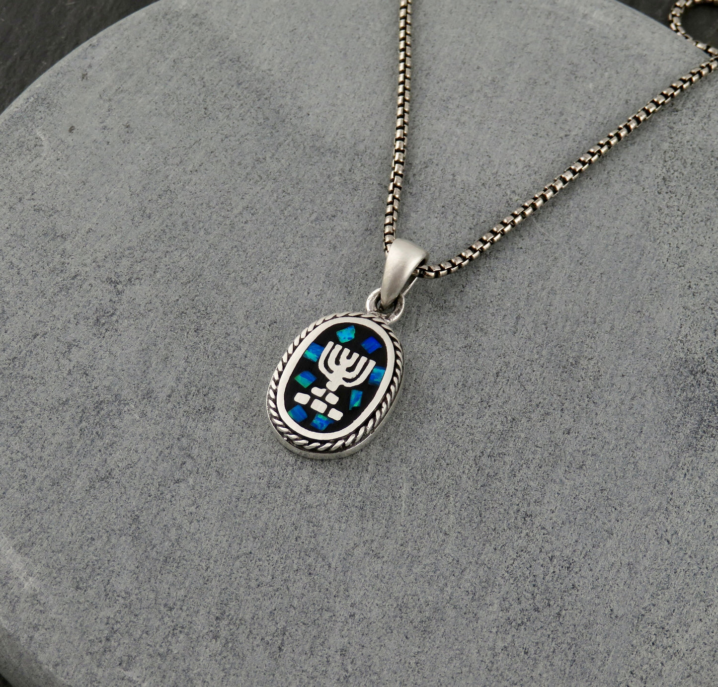 Sterling Opal Judaica Necklace | Silver Menorah Pendant | Mosaic Opal Jewish Necklace | Opal Silver Fancy Judaic Pendant | Menorah Necklace