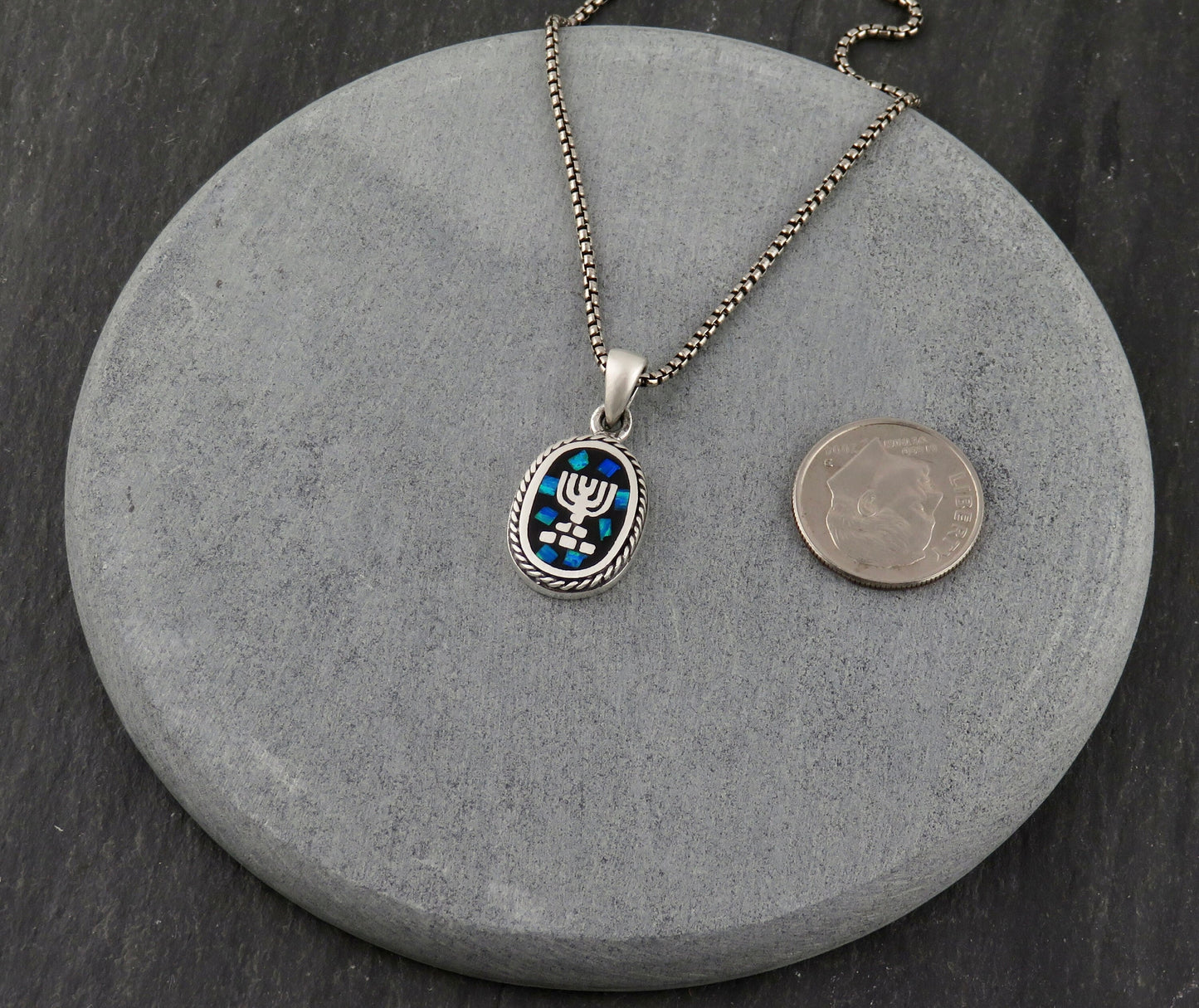 Sterling Opal Judaica Necklace | Silver Menorah Pendant | Mosaic Opal Jewish Necklace | Opal Silver Fancy Judaic Pendant | Menorah Necklace