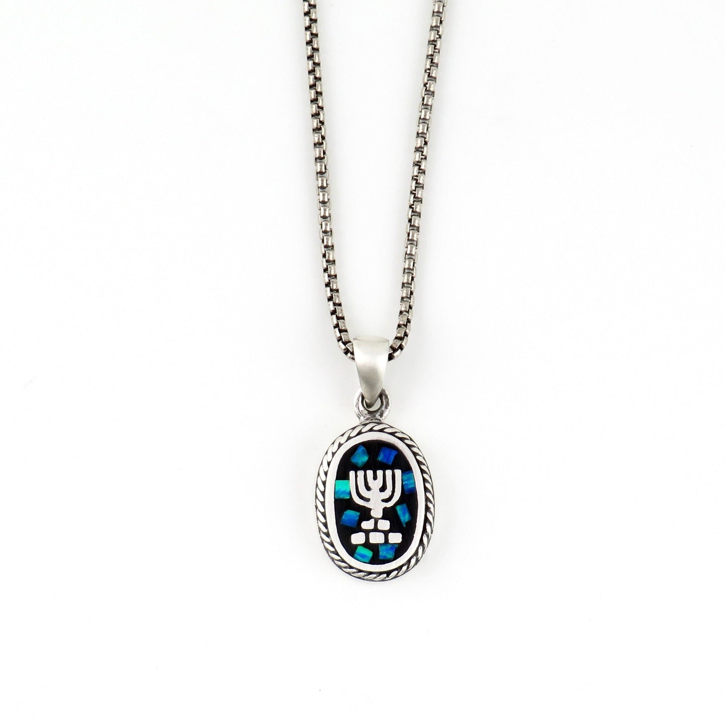 Sterling Opal Judaica Necklace | Silver Menorah Pendant | Mosaic Opal Jewish Necklace | Opal Silver Fancy Judaic Pendant | Menorah Necklace