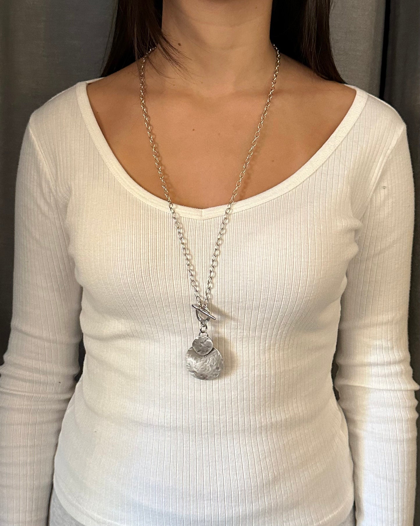 Hammered Silver Necklace | Brushed Silver Pendant | Boho Silver Circle Necklace | Chunky Silver Necklace