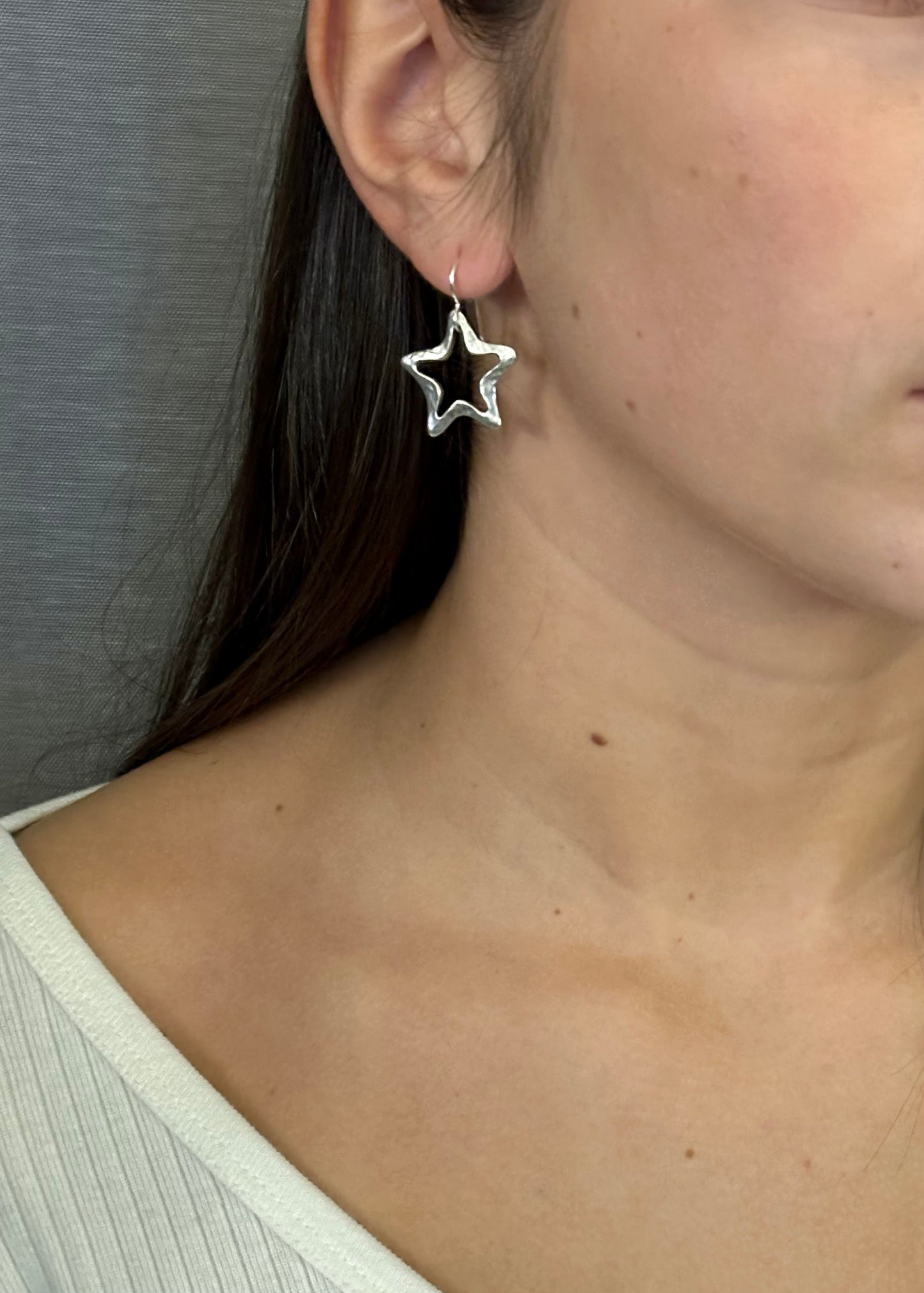 Silver Star Earrings | Outline Star Earrings | Artisan Star Earrings | Hammered Star Earrings | Brushed Matte Silver Star Earrings