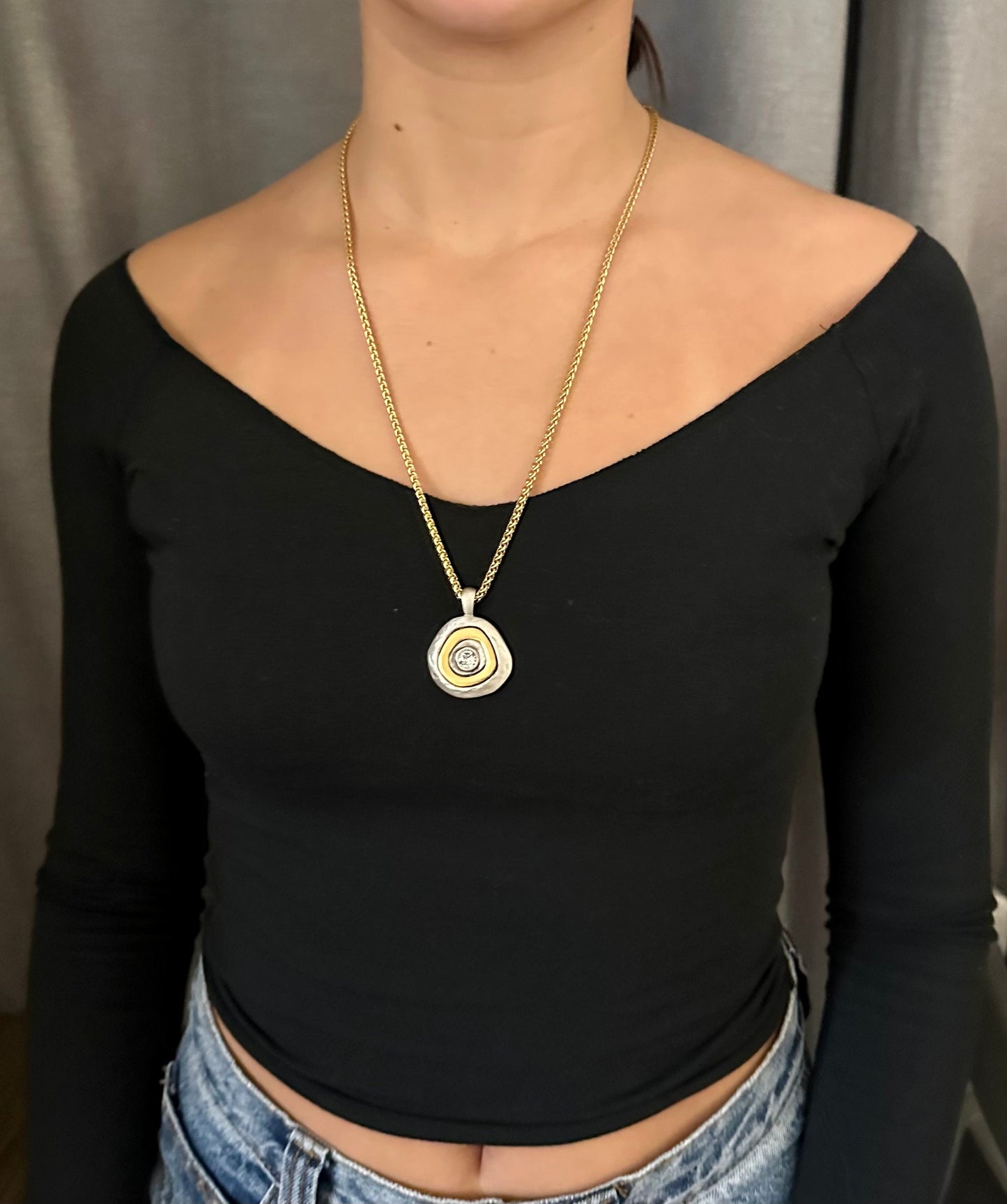 Two Tone Necklace | Gold Silver Necklace | Silver Gold Pendant | Mixed Metal Necklace | Two Toned Sparkle Necklace | Mixed Metal Medallion