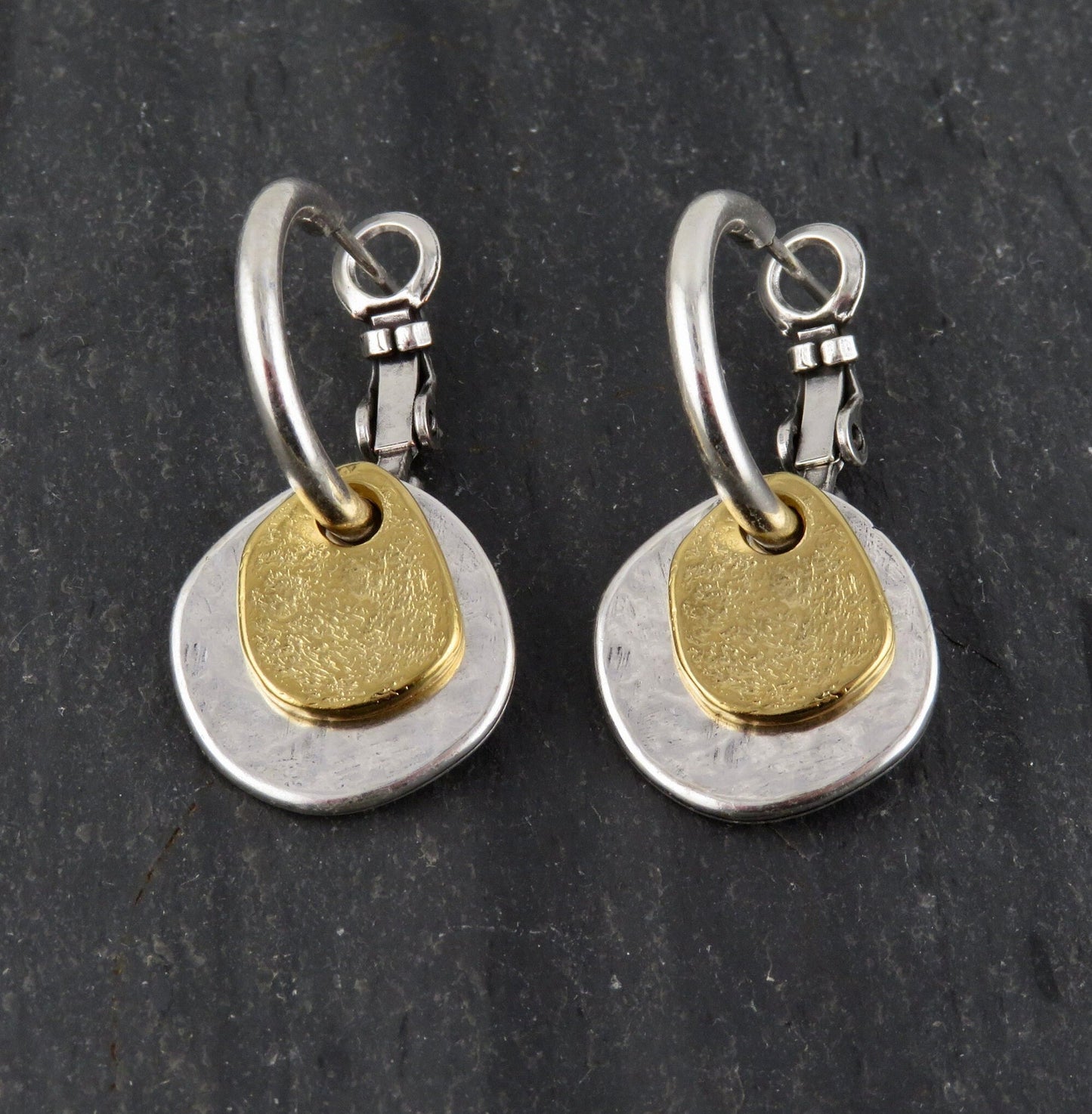 Two Tone Earrings | Silver Gold Hoop Earrings | Mixed Metal Hoop Earrings | Hammered Silver Gold Earrings | Everyday Earrings | Mixed Discs