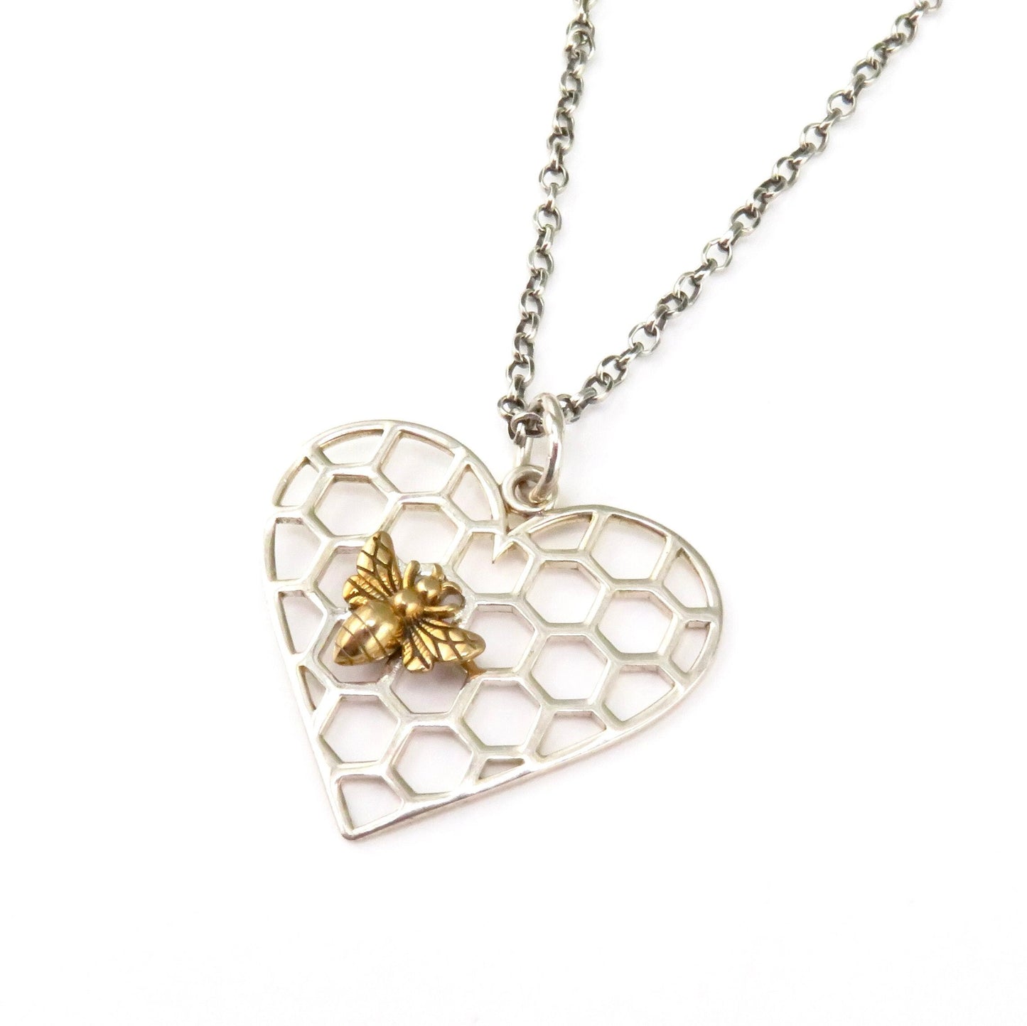 Sterling Bee Heart Necklace | Two Tone Bee Necklace | Mixed Metal Bee Heart Pendant | Honeycomb Heart Bee Necklace | Bee Lover Necklace