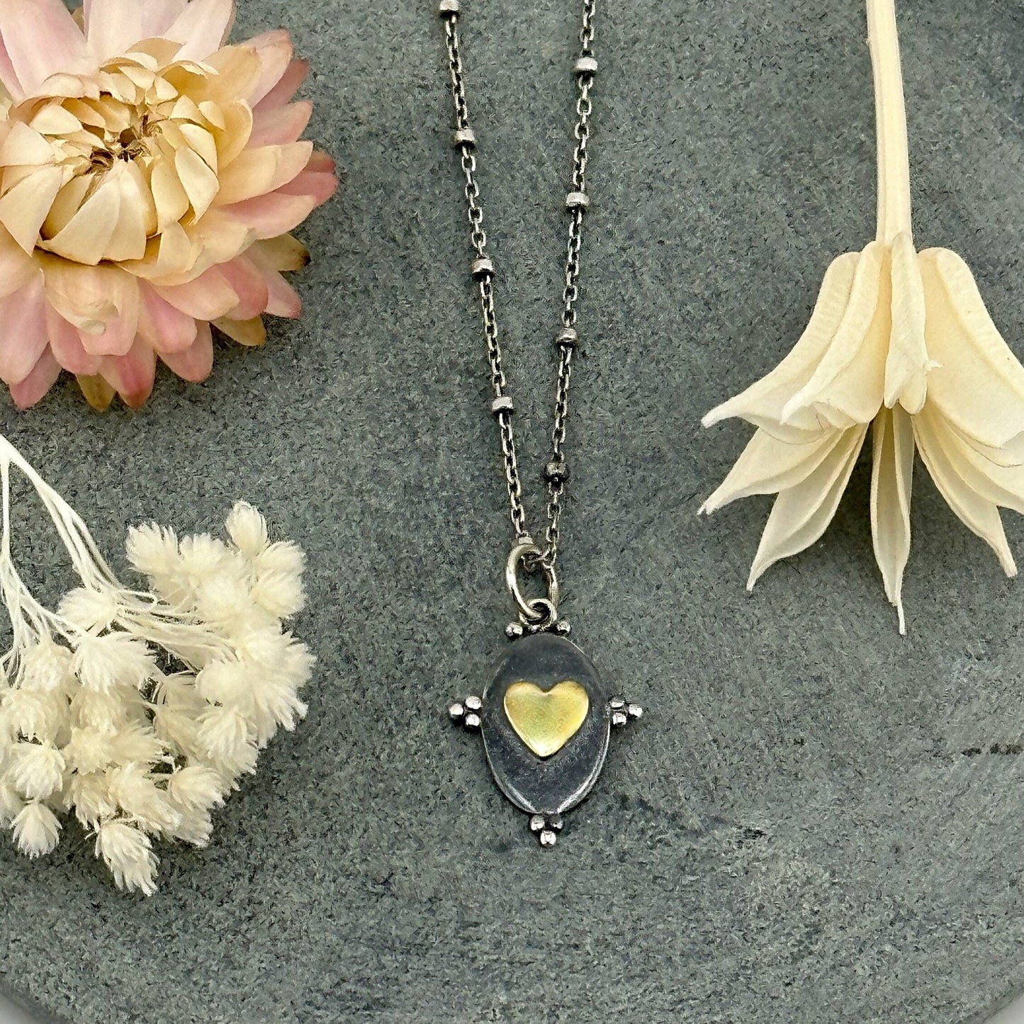 Two Tone Baroque Heart Necklace | Silver Gold Heart Pendant Necklace | Sterling Mixed Metal Heart Necklace | Romantic Heart Pendant Gold