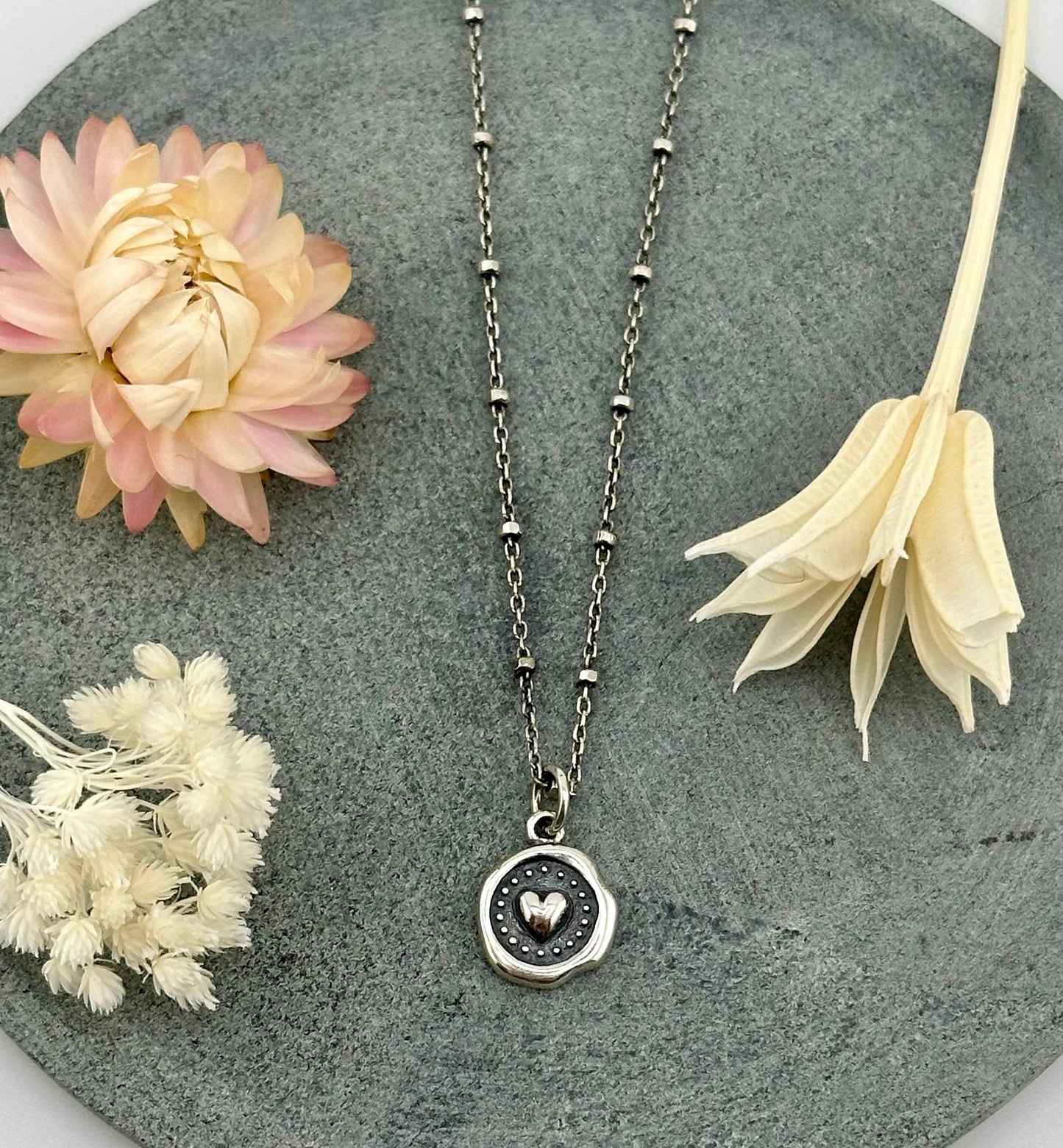 Sterling Heart Necklace | Heart Wax Seal Necklace | Unique Silver Heart Pendant | Love Stamp Necklace | Seal of Love Necklace |Stamped Heart