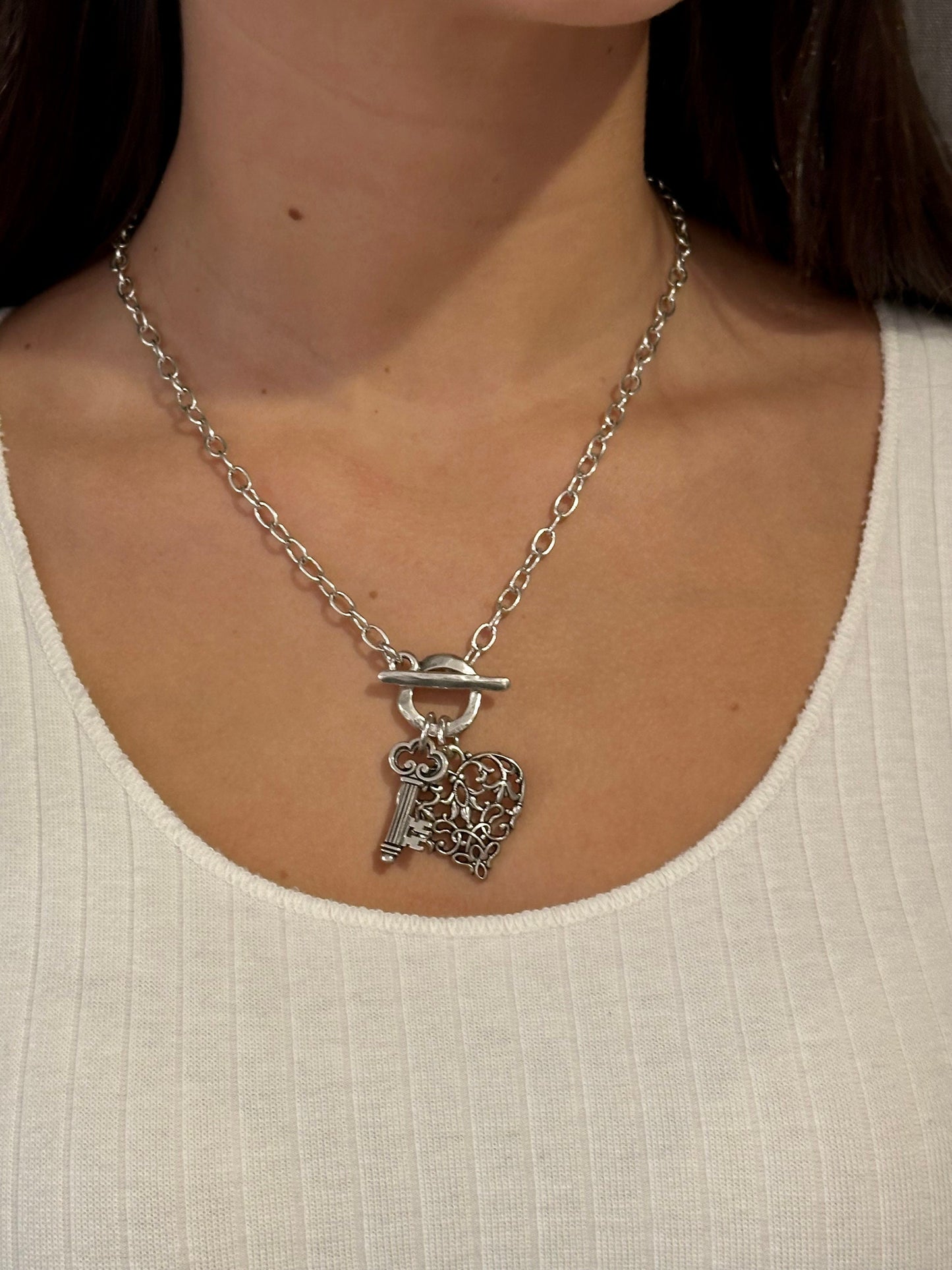 Antique Silver Heart Necklace | Romantic Heart Necklace | Key to My Heart Necklace | Heart and Key Necklace | Baroque Silver Heart Necklace
