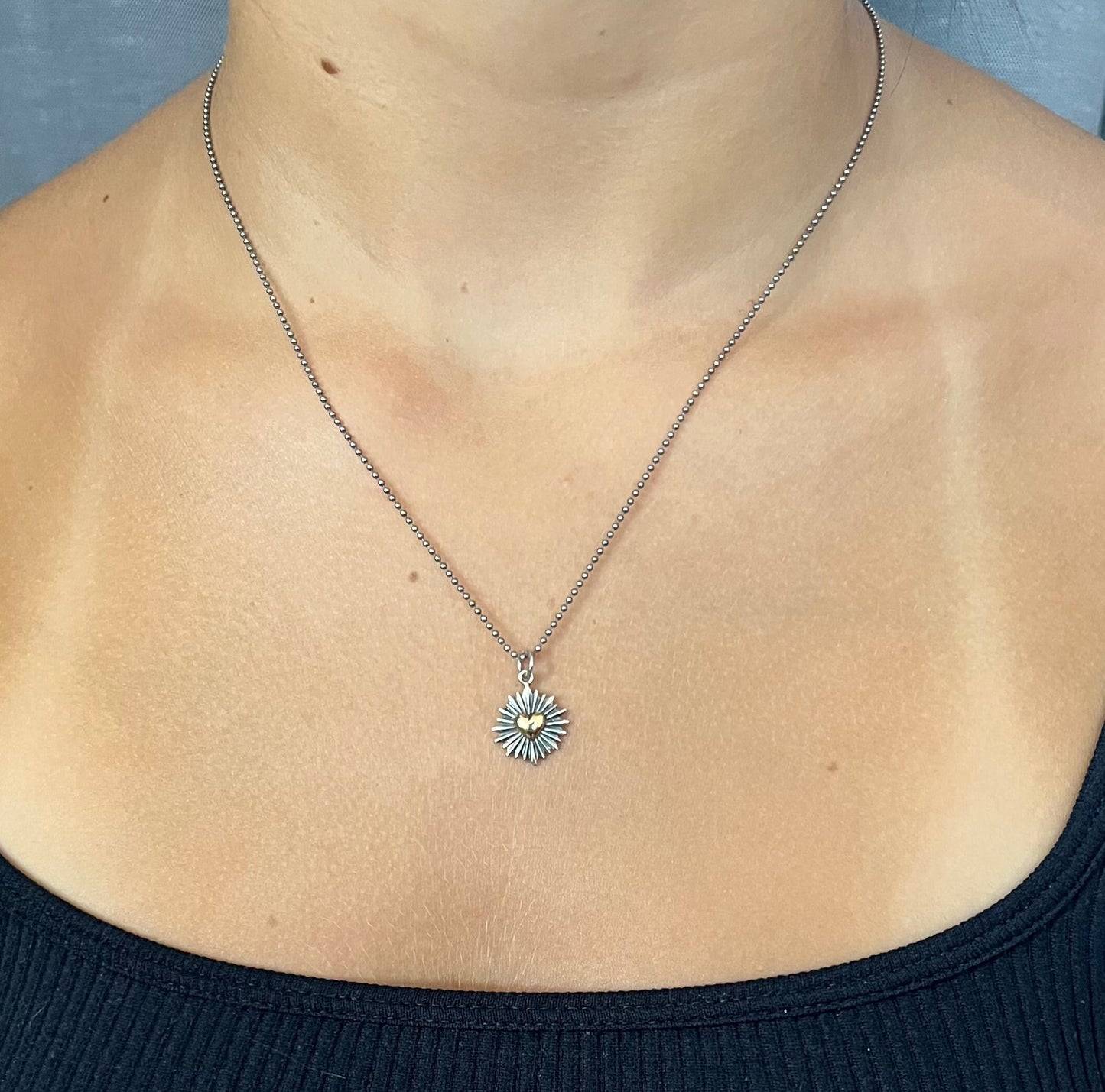 Two Tone Heart Necklace | Gold Silver Heart Necklace | Mixed Metal Heart Necklace | Heart Rays Pendant | Unique Heart Necklace | Heart Burst