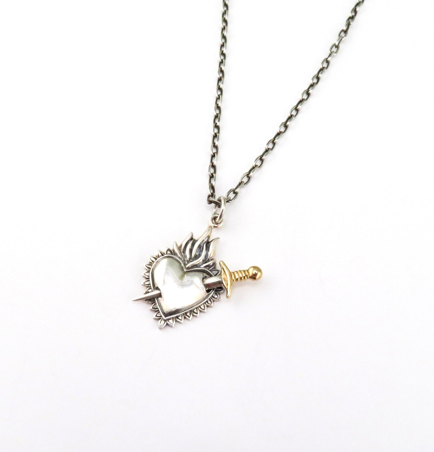 Heart Sword Necklace | Two Tone Dagger Necklace | Silver Gold Heart Fire Pendant | Mixed Metal Heart Necklace | Sterling Love Sword Pendant