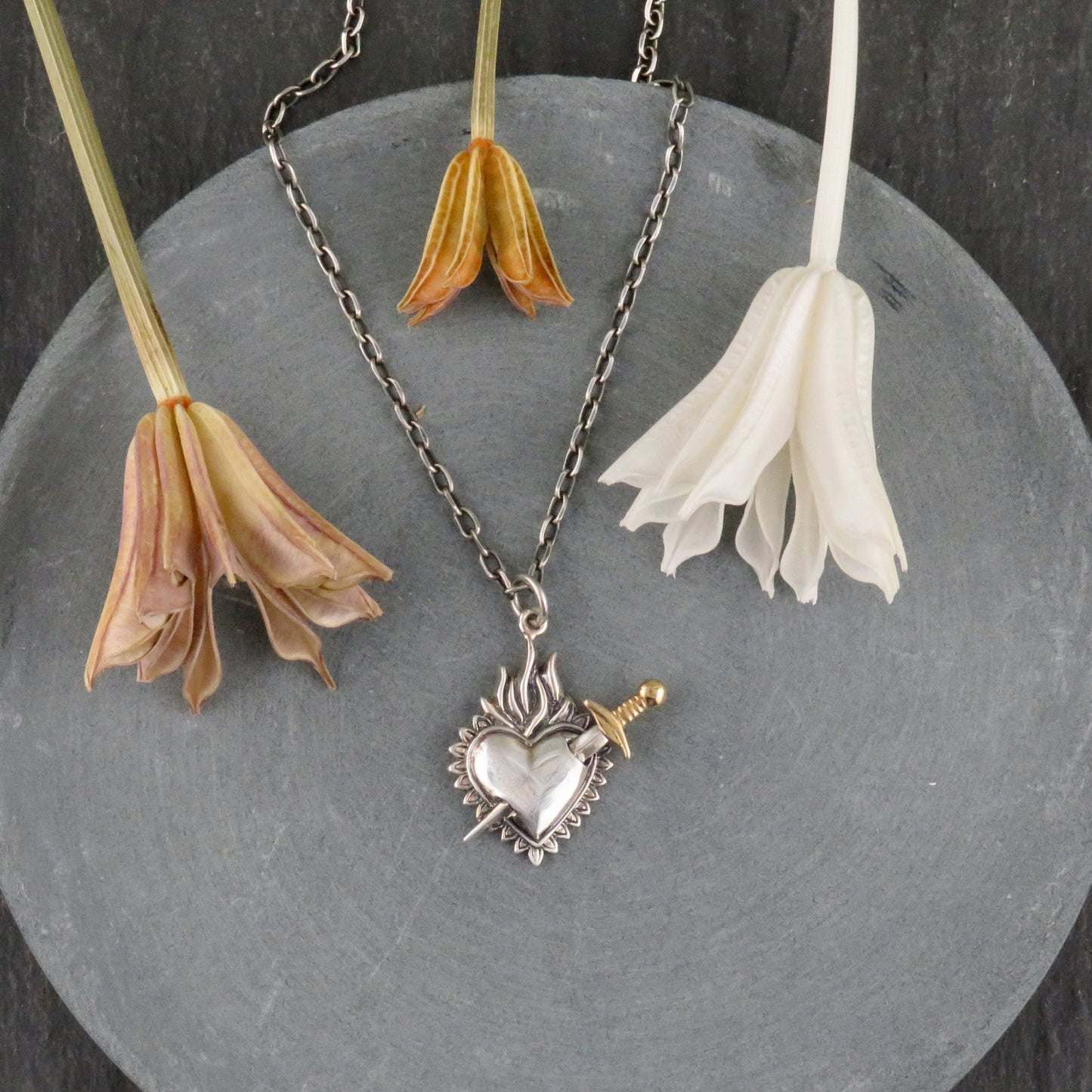 Heart Sword Necklace | Two Tone Dagger Necklace | Silver Gold Heart Fire Pendant | Mixed Metal Heart Necklace | Sterling Love Sword Pendant