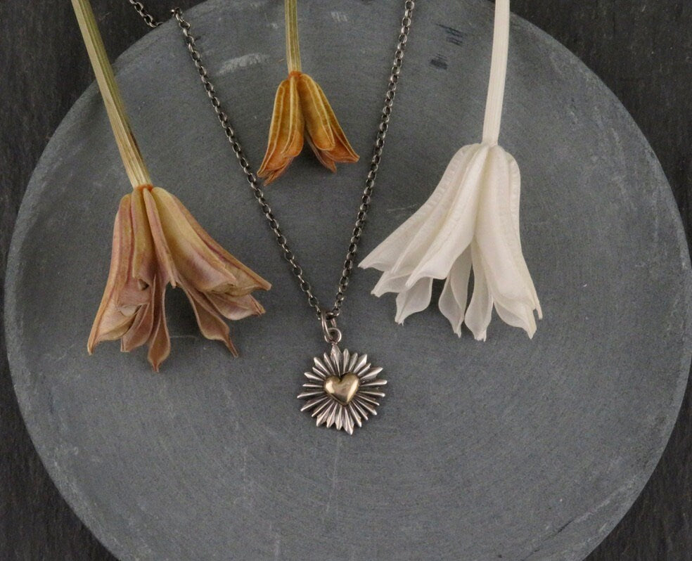 Two Tone Heart Necklace | Gold Silver Heart Necklace | Mixed Metal Heart Necklace | Heart Rays Pendant | Unique Heart Necklace | Heart Burst