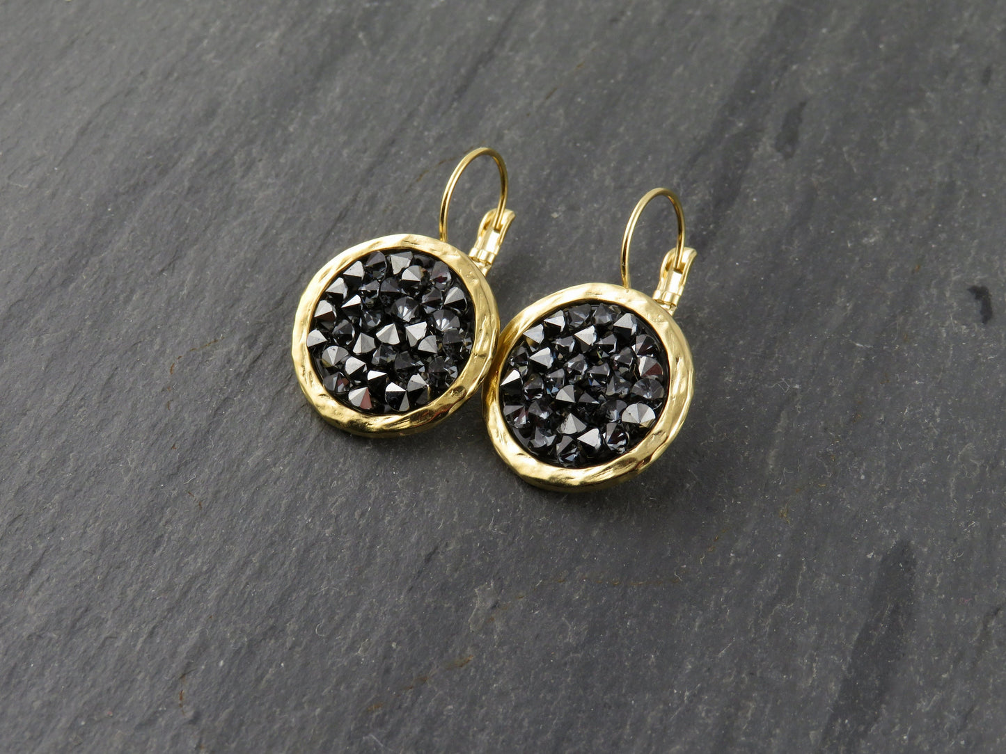 Gold Sparkly Earrings| Black Crystal Gold Earrings | Gold Leverback Earrings | Sparkly Gold Earrings | Black Gold Cocktail Earrings
