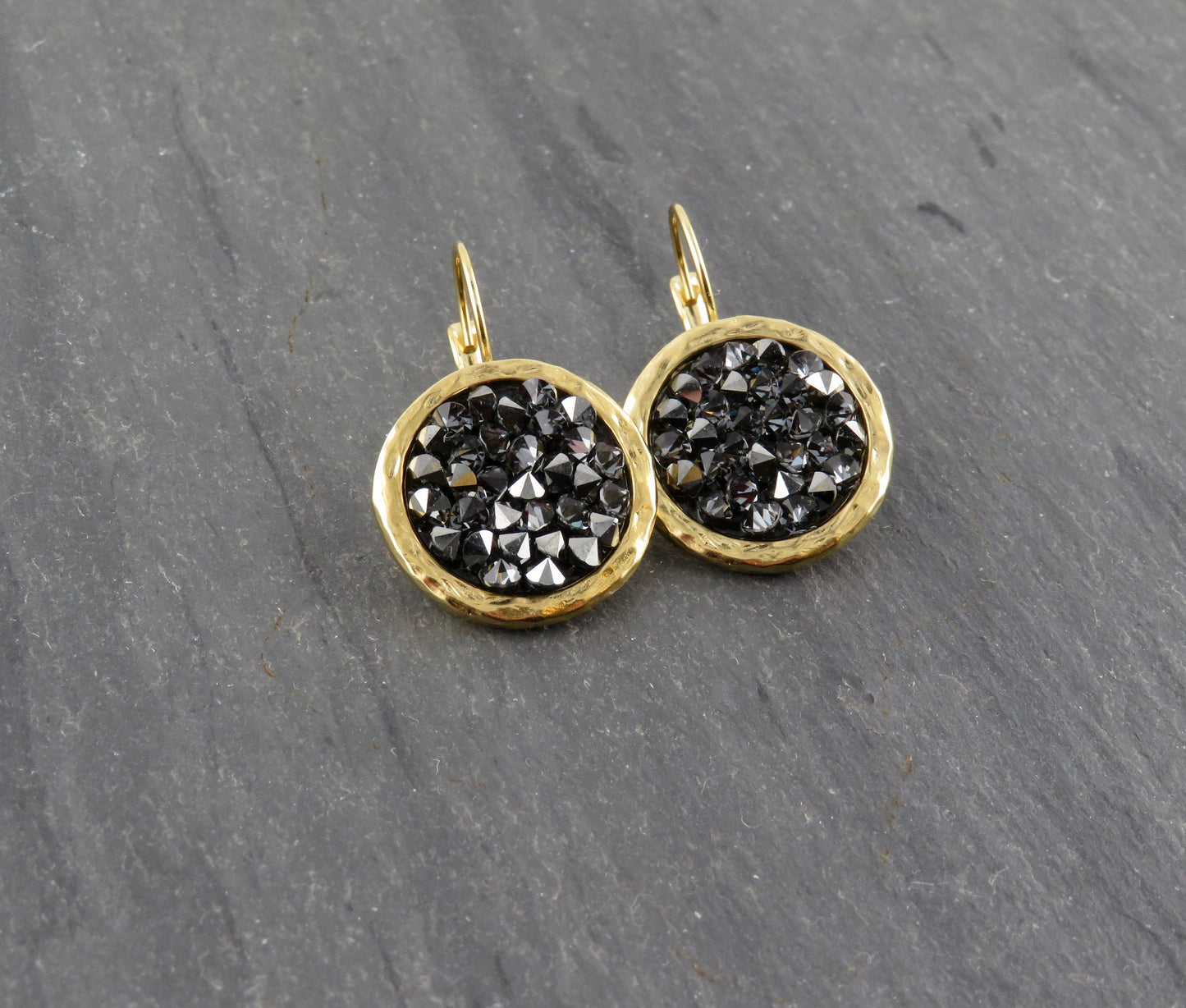 Gold Sparkly Earrings| Black Crystal Gold Earrings | Gold Leverback Earrings | Sparkly Gold Earrings | Black Gold Cocktail Earrings