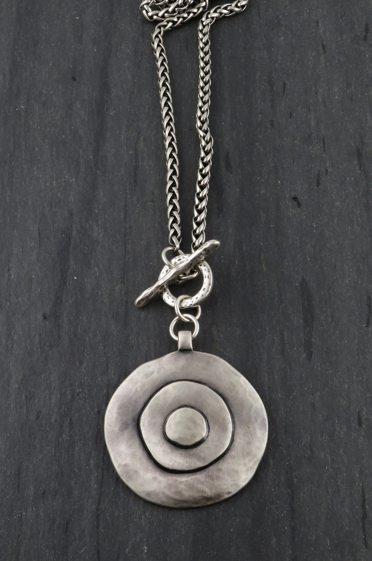 Long Chunky Silver Necklace | Silver Geometric Long Pendant | Concentric Circles Long Necklace | Bullseye Chunky Pendant | Long Medallion