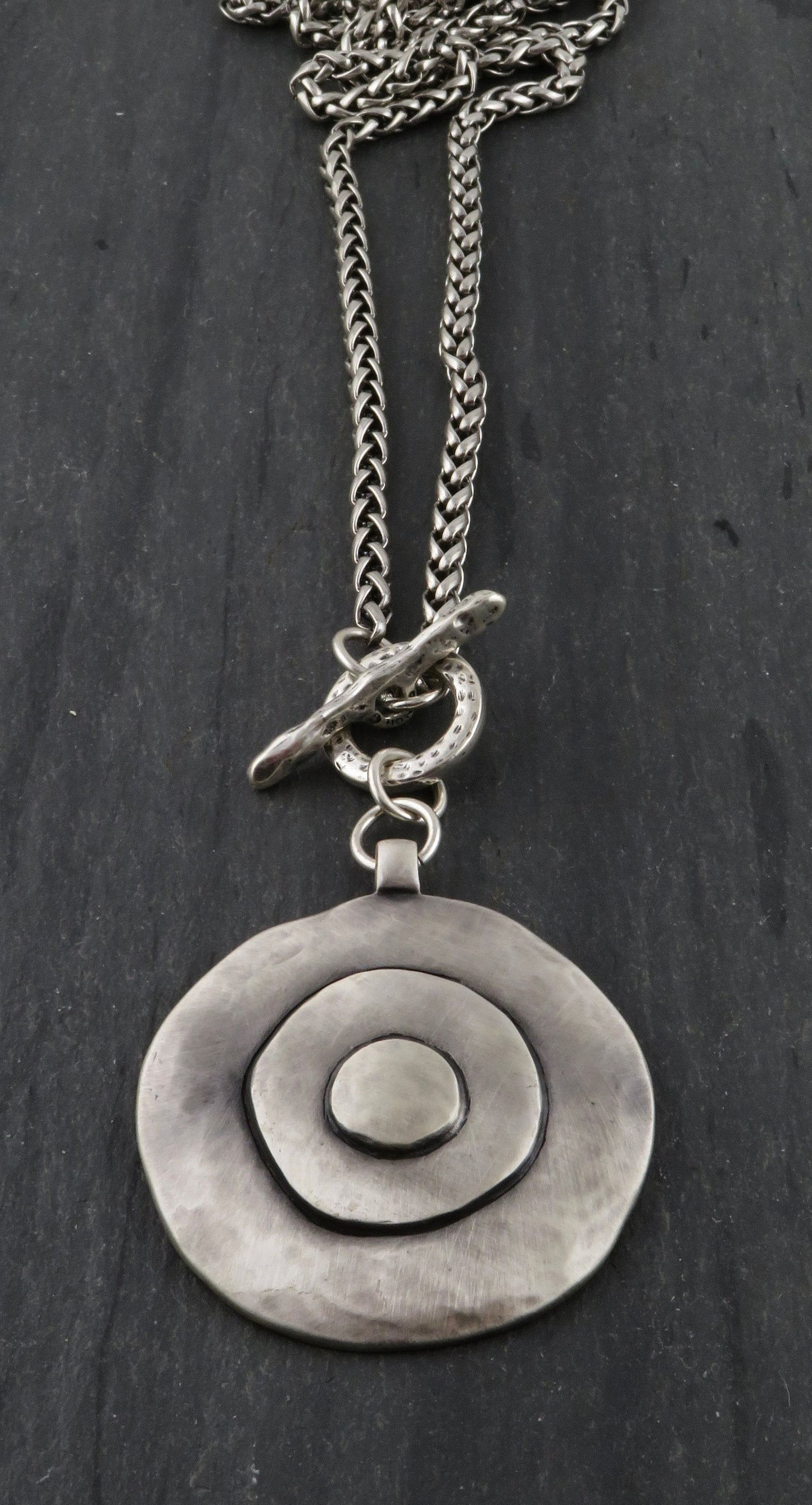 Long Chunky Silver Necklace | Silver Geometric Long Pendant | Concentric Circles Long Necklace | Bullseye Chunky Pendant | Long Medallion