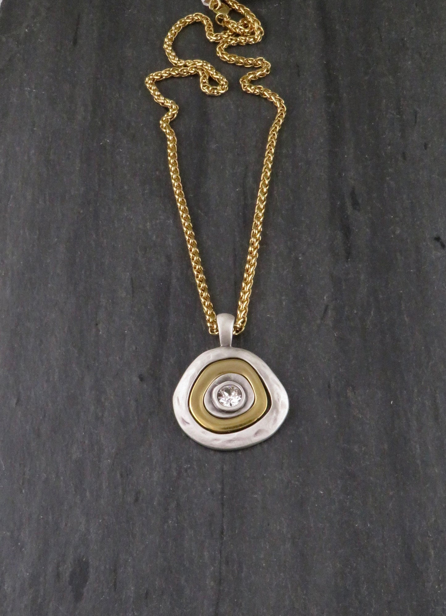 Two Tone Necklace | Hammered Gold Silver Pendant | Two Tone Sparkle Necklace | Mixed Metal Statement Pendant | Chunky Long Pendant