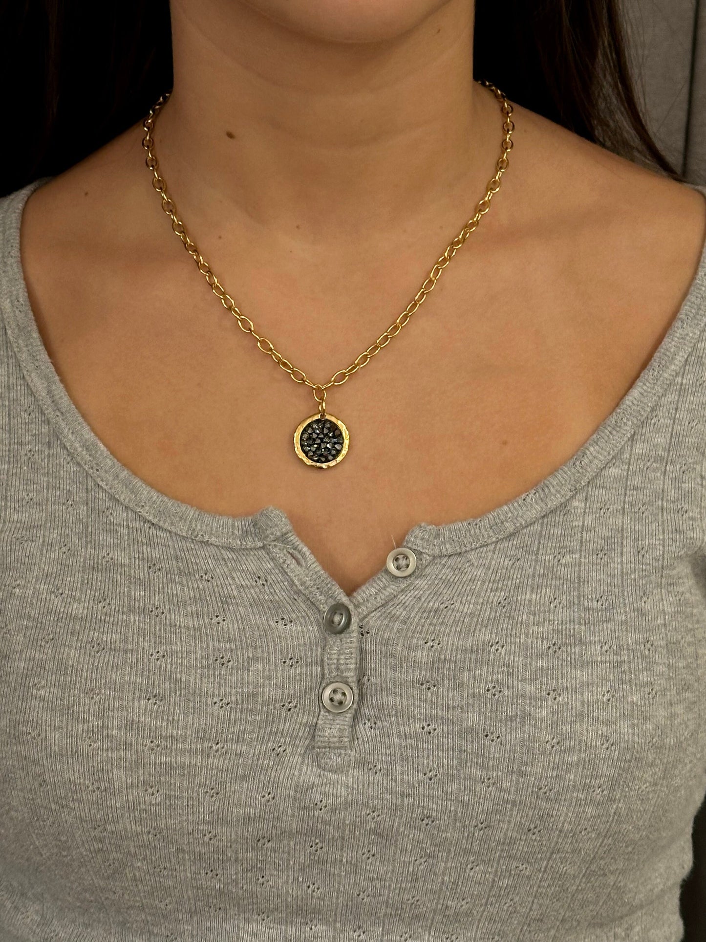 Gold Sparkly Necklace | Multi Crystal Gold Necklace | Gold Gray Crystal Pendant | Multi Sparkles Gold Pendant | Shiny Black Crystal Necklace