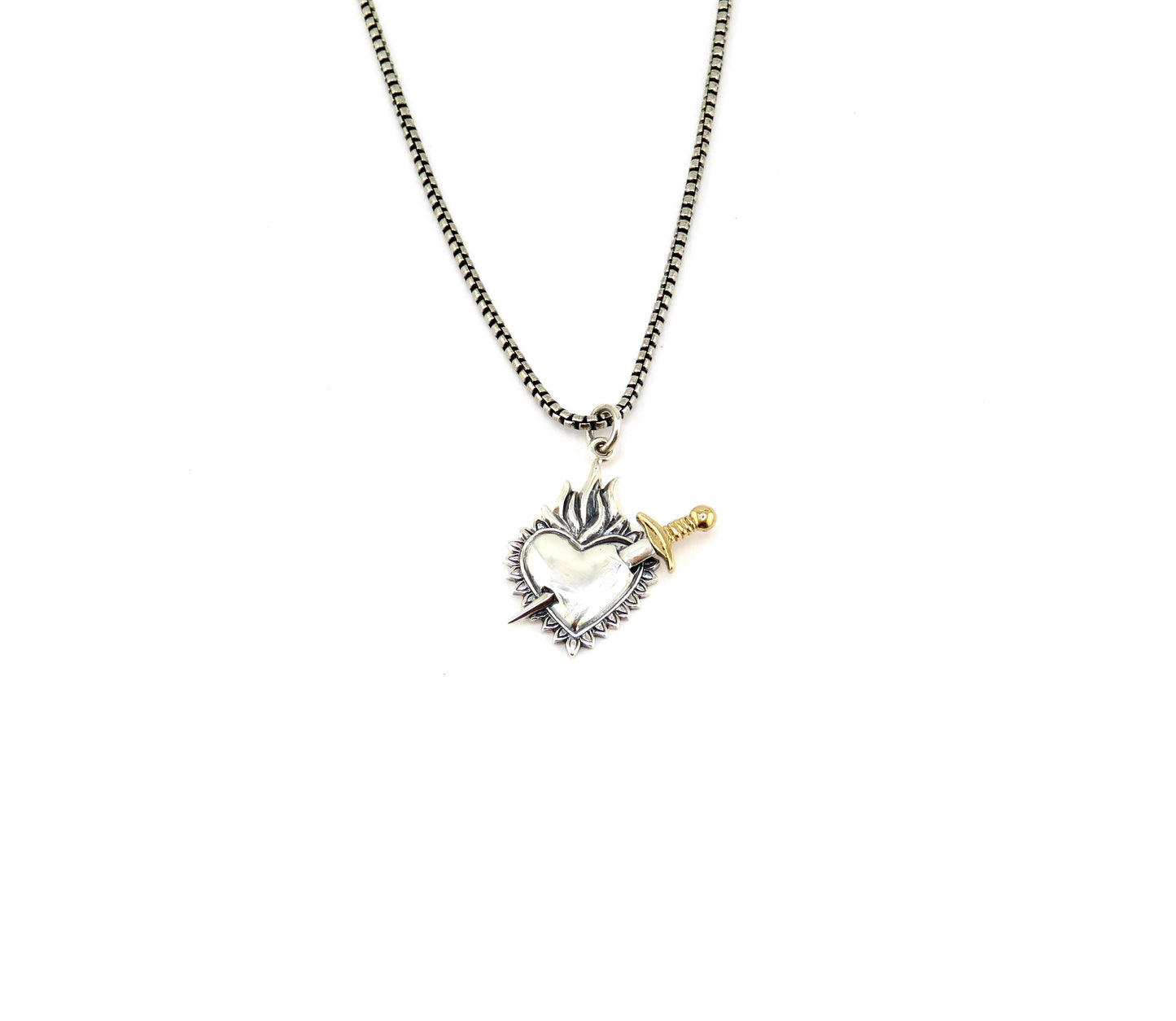 Heart Sword Necklace | Two Tone Dagger Necklace | Silver Gold Heart Fire Pendant | Mixed Metal Heart Necklace | Sterling Love Sword Pendant
