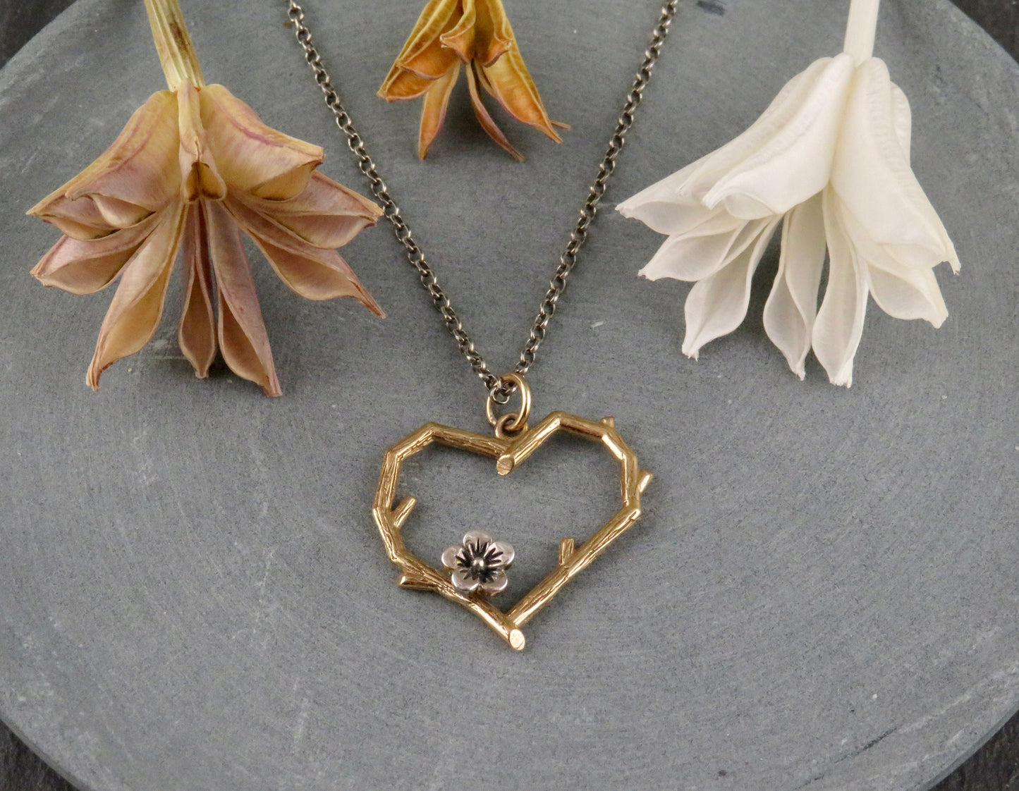 Gold Heart Necklace | Heart Branch Pendant | Tree Lover Necklace | Bronze Heart | Nature Necklace | Two Tone Heart Pendant | Love Branch