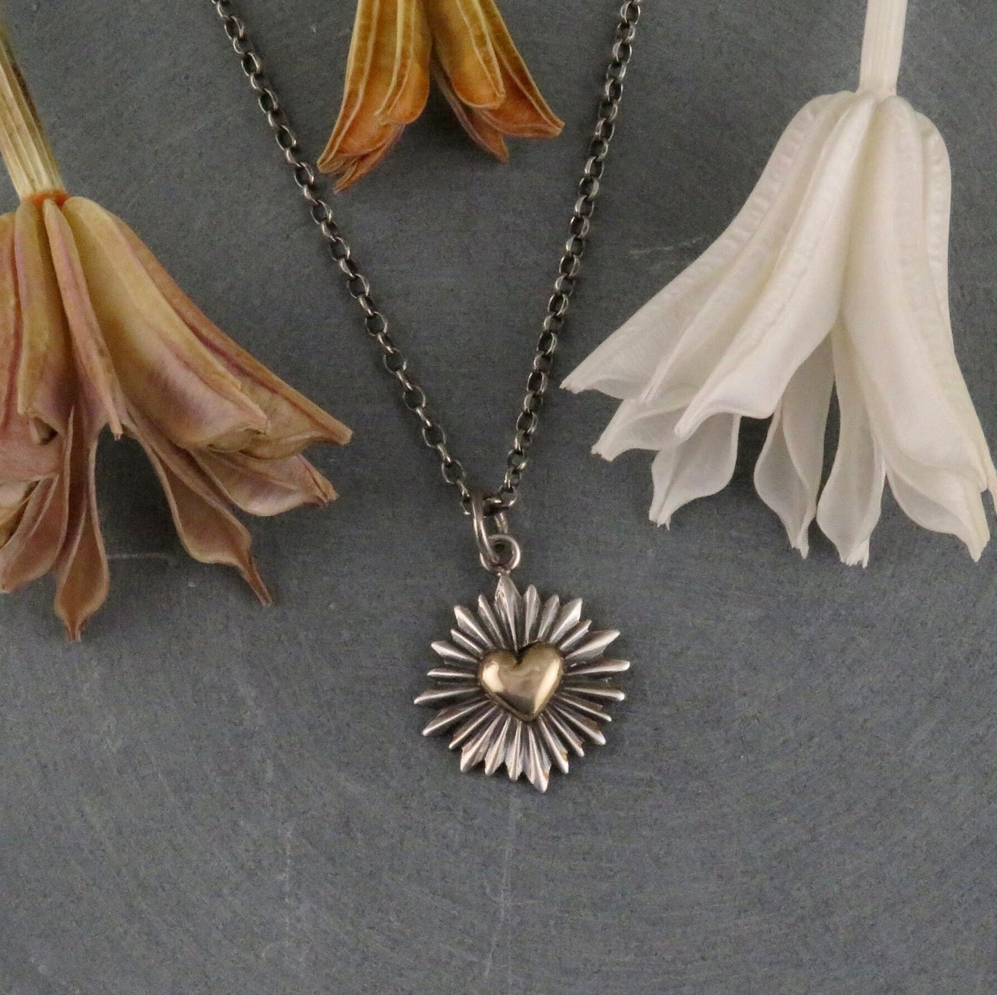 Two Tone Heart Necklace | Gold Silver Heart Necklace | Mixed Metal Heart Necklace | Heart Rays Pendant | Unique Heart Necklace | Heart Burst