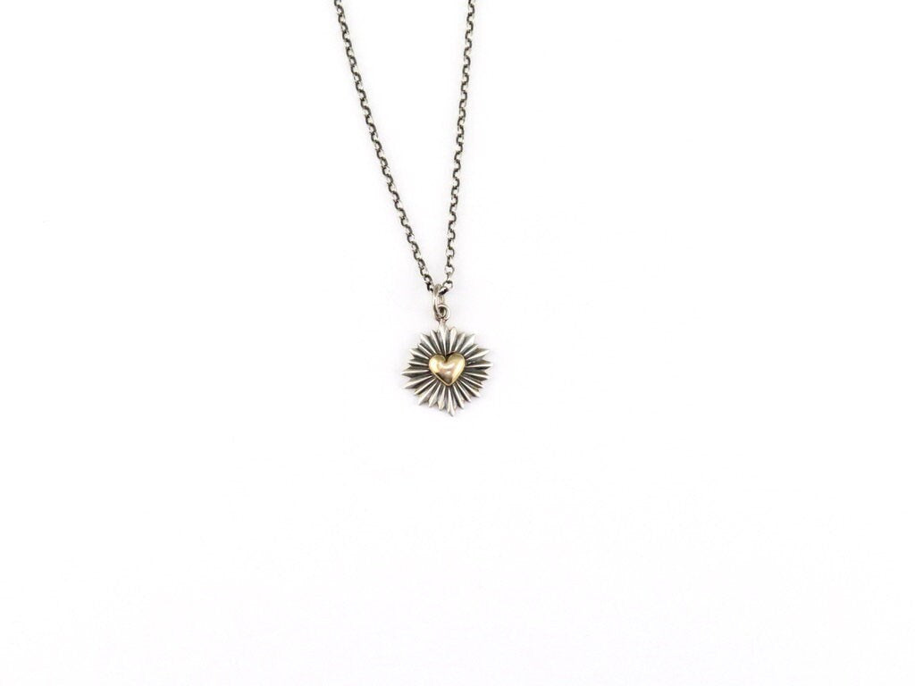 Two Tone Heart Necklace | Gold Silver Heart Necklace | Mixed Metal Heart Necklace | Heart Rays Pendant | Unique Heart Necklace | Heart Burst
