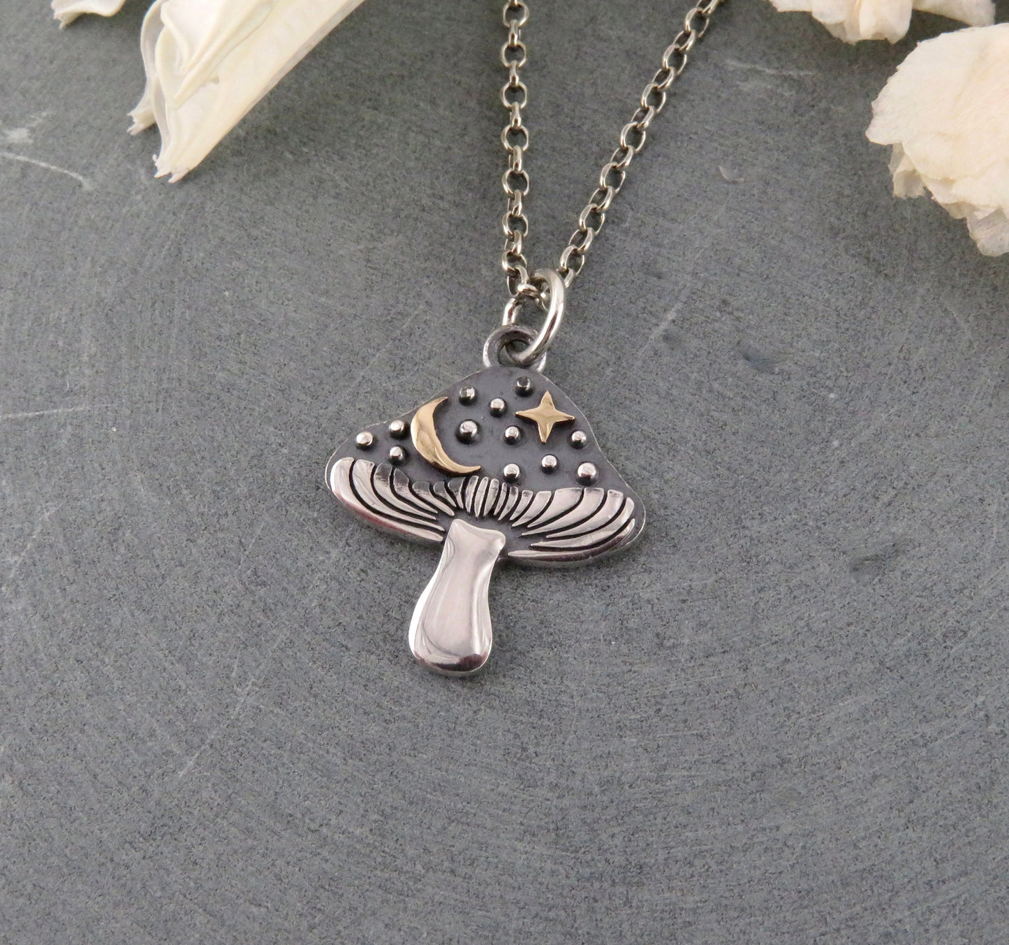 Two Tone Mushroom Necklace | Gold Silver Mushroom Pendant | Mixed Metal Mushroom | Celestial Mushroom Necklace | Unique Mushroom Pendant