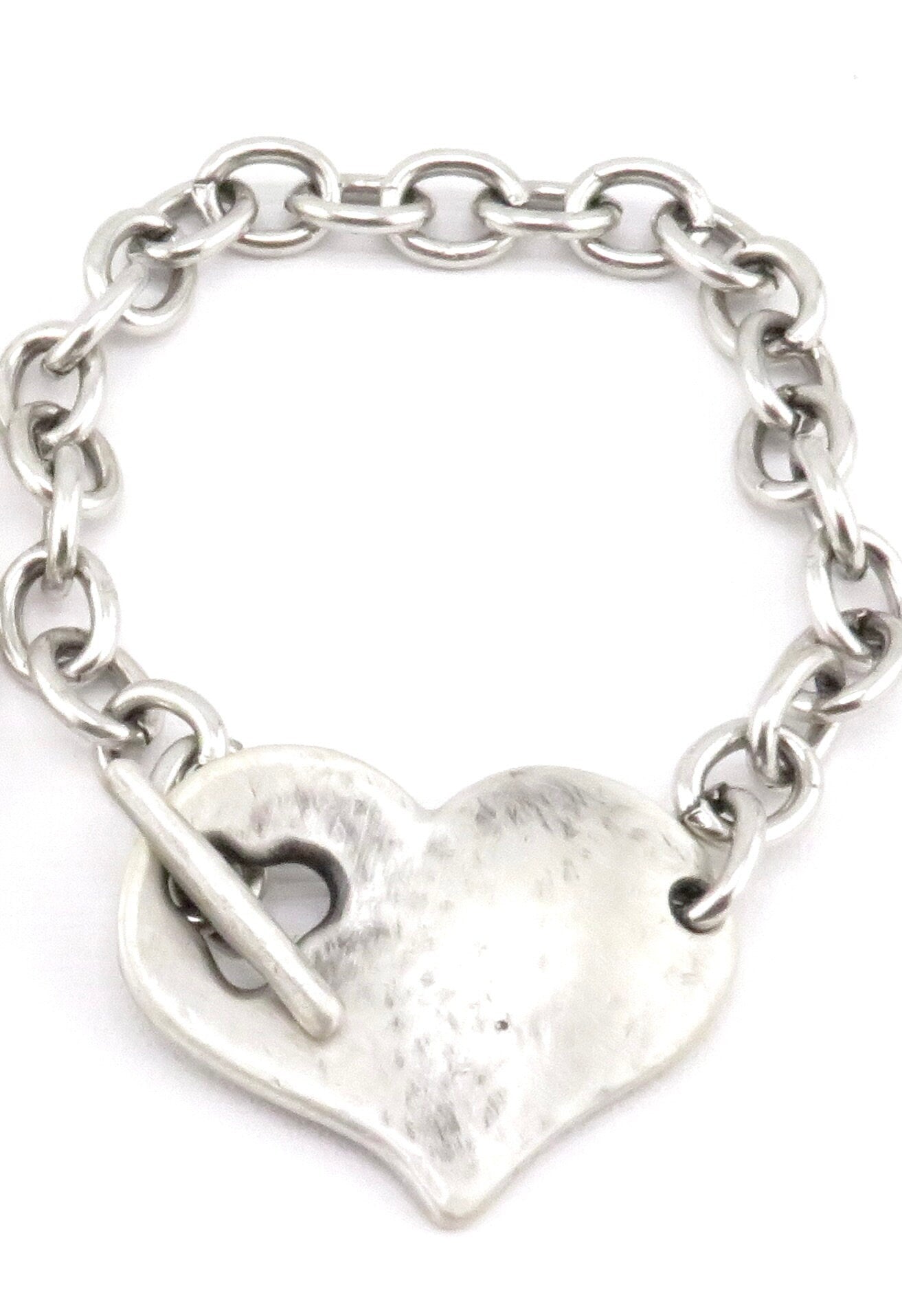 Hammered Silver Heart Bracelet | Chunky Heart Bracelet | Silver Heart Bracelet | Toggle Clasp Heart Bracelet | Unique Heart Bracelet