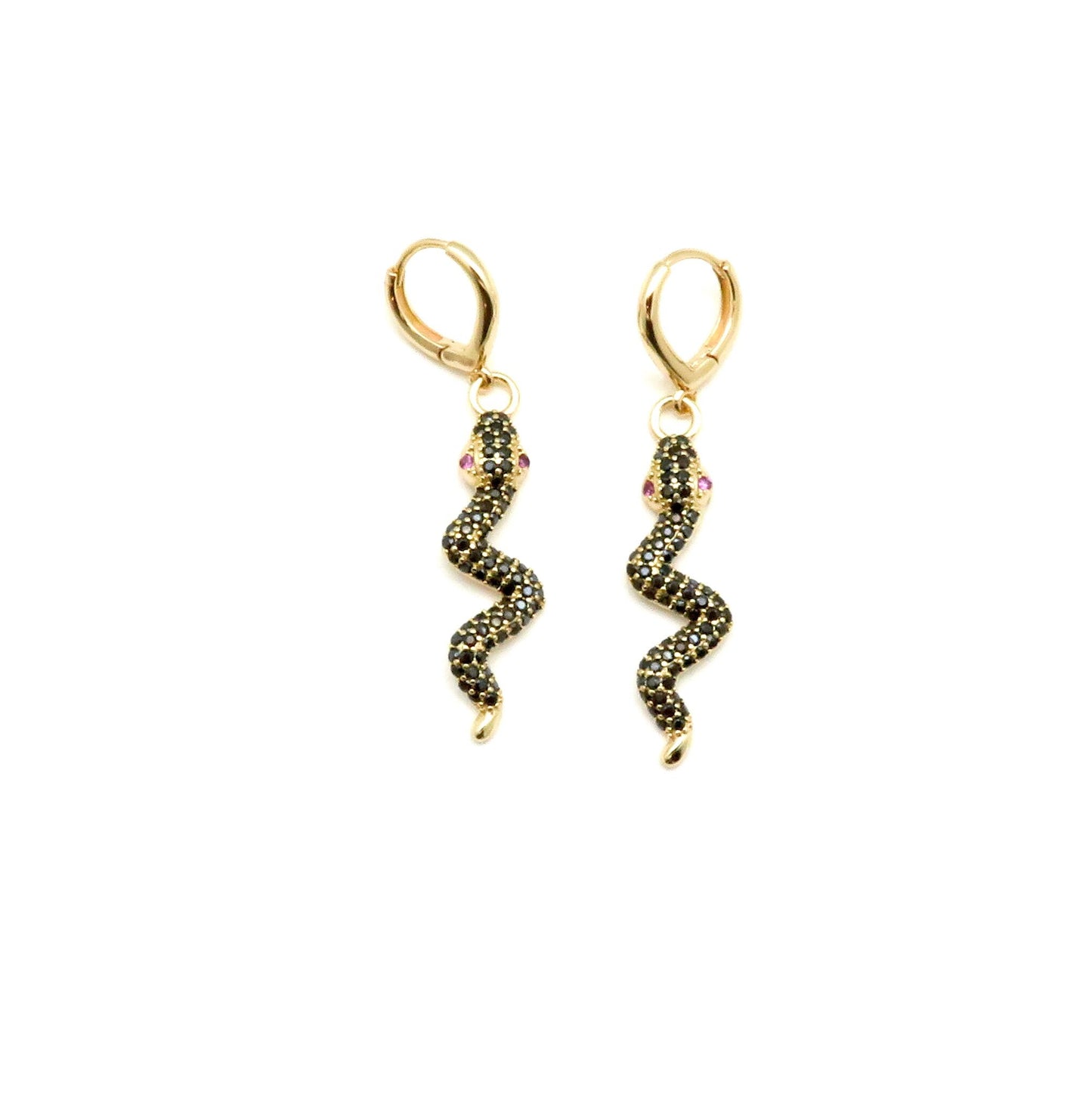 Black Gold Snake Earrings | CZ Snake Earrings | Black Serpent Earrings | Sparkly Black Serpent Earrings | Gold Snake Hoops | Dark Snake