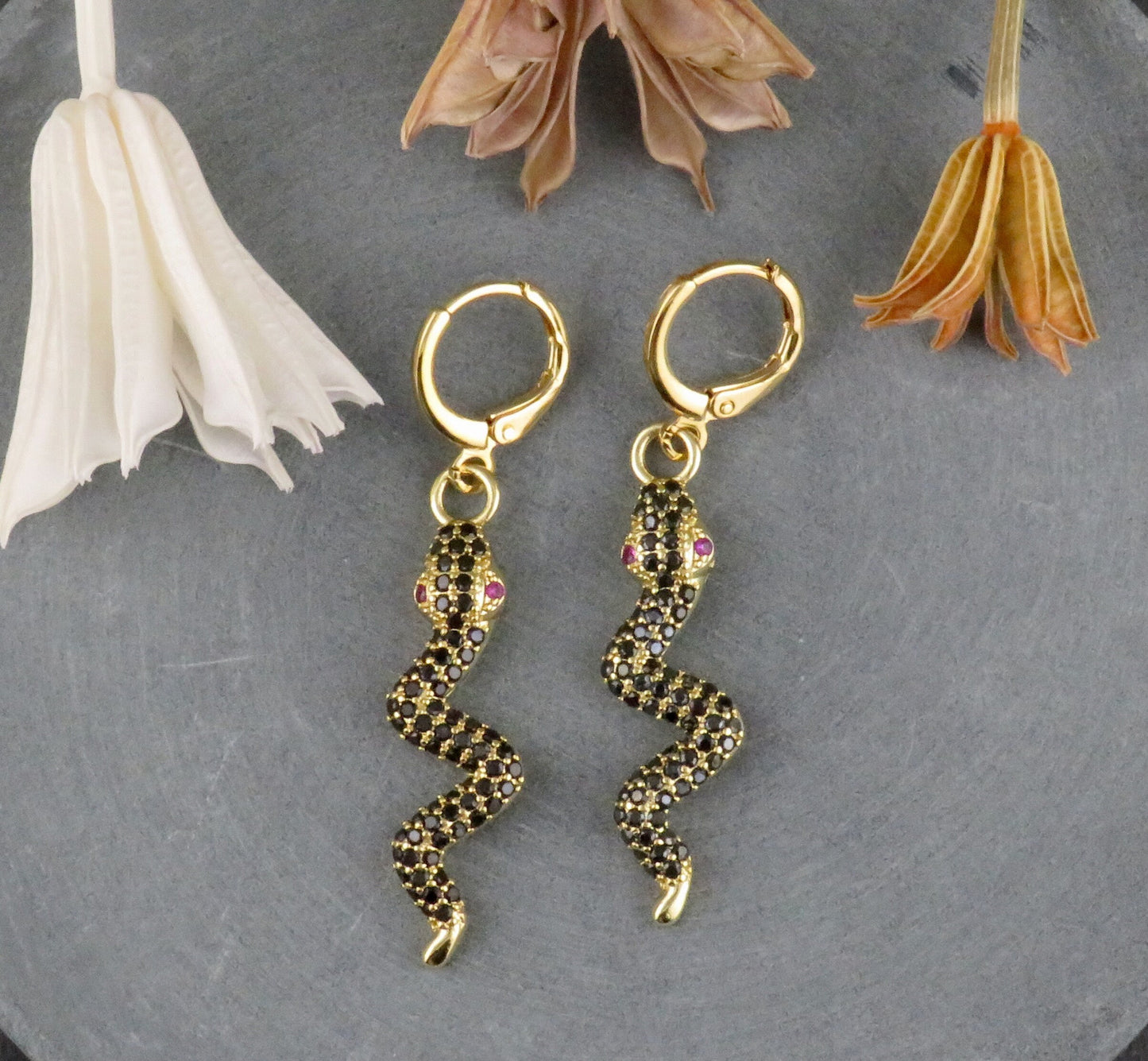 Black Gold Snake Earrings | CZ Snake Earrings | Black Serpent Earrings | Sparkly Black Serpent Earrings | Gold Snake Hoops | Dark Snake