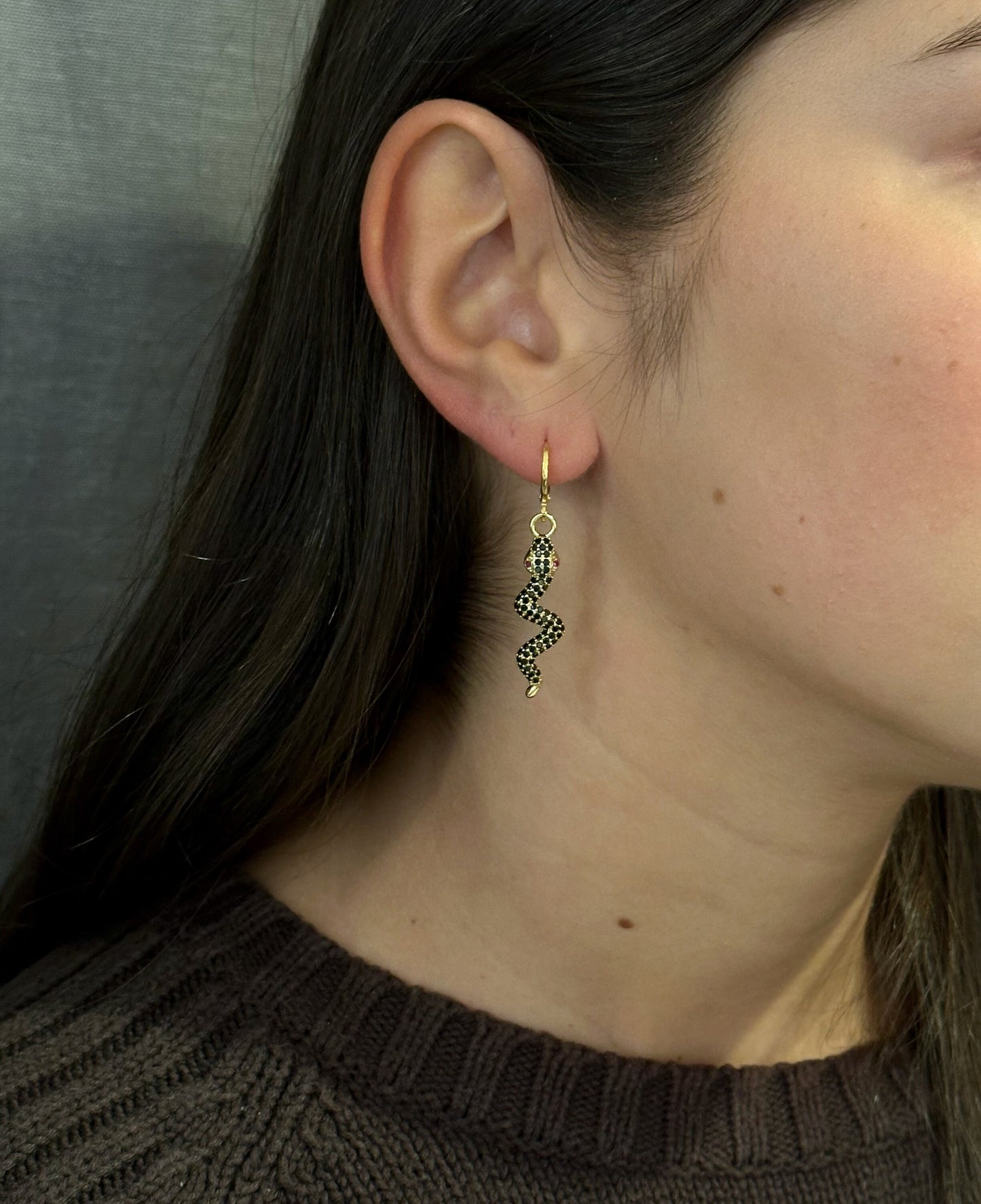 Black Gold Snake Earrings | CZ Snake Earrings | Black Serpent Earrings | Sparkly Black Serpent Earrings | Gold Snake Hoops | Dark Snake