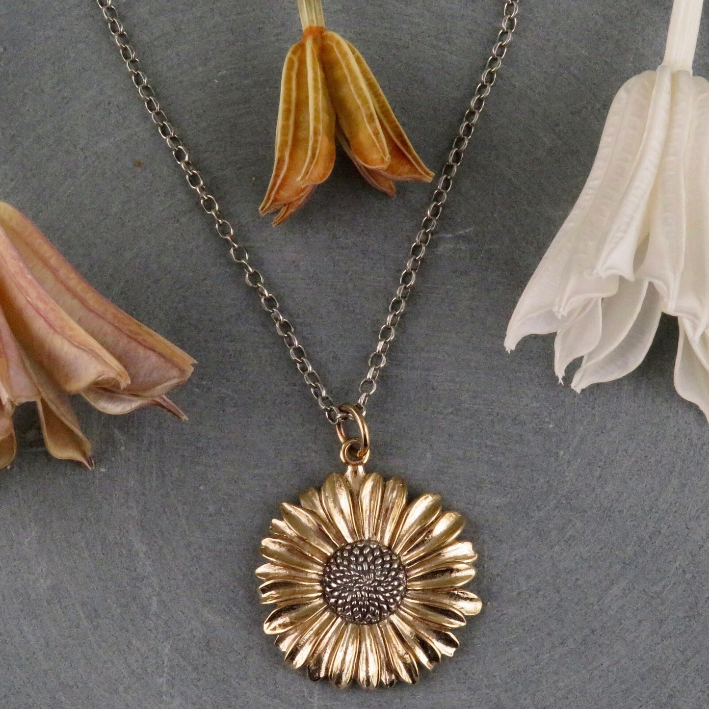 Two Tone Daisy Necklace | Gold Silver Flower Necklace | Mixed Metal Necklace | Bronze Daisy Necklace | Gold Daisy Pendant | Floral Necklace