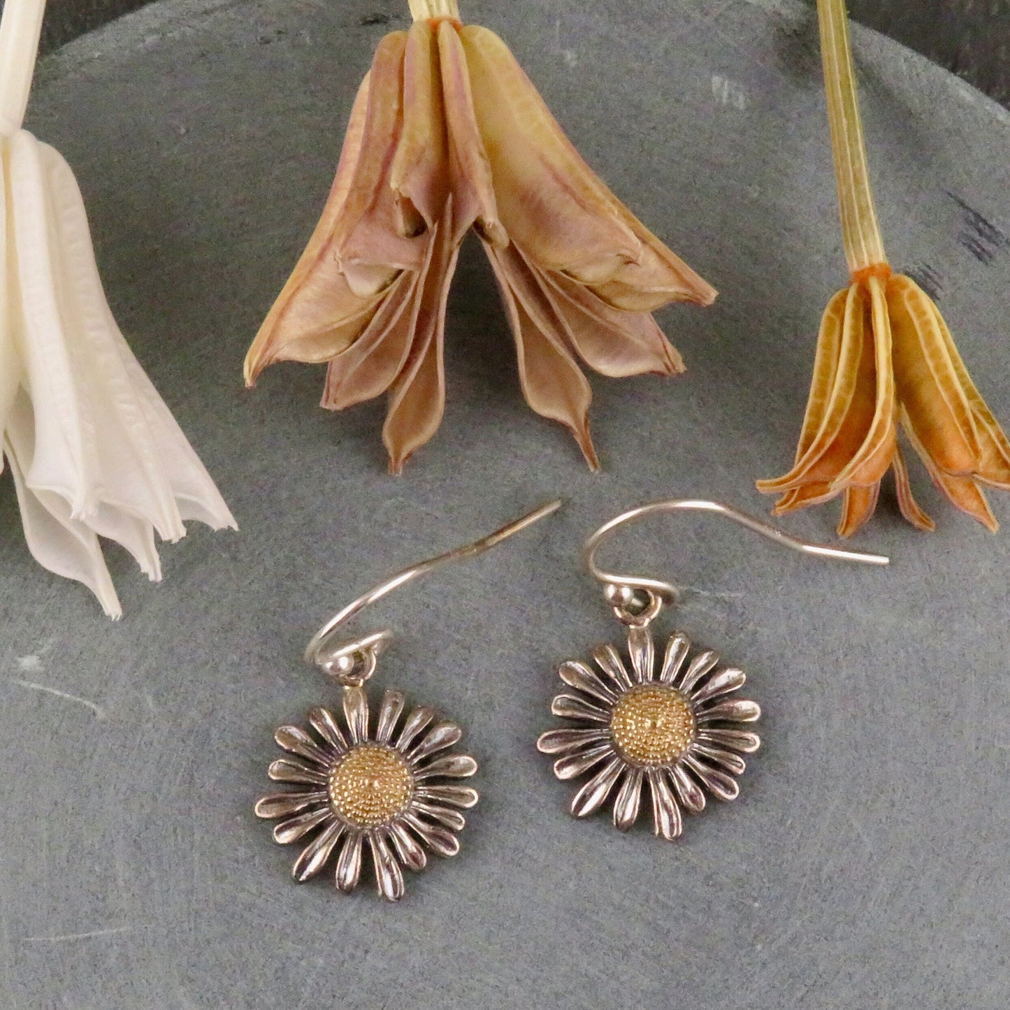 Sterling Daisy Earrings | Two Tone Daisy Earrings | Gold Silver Flower Earrings | Mixed Metal Daisy Earrings | Gold Silver Daisy Earrings