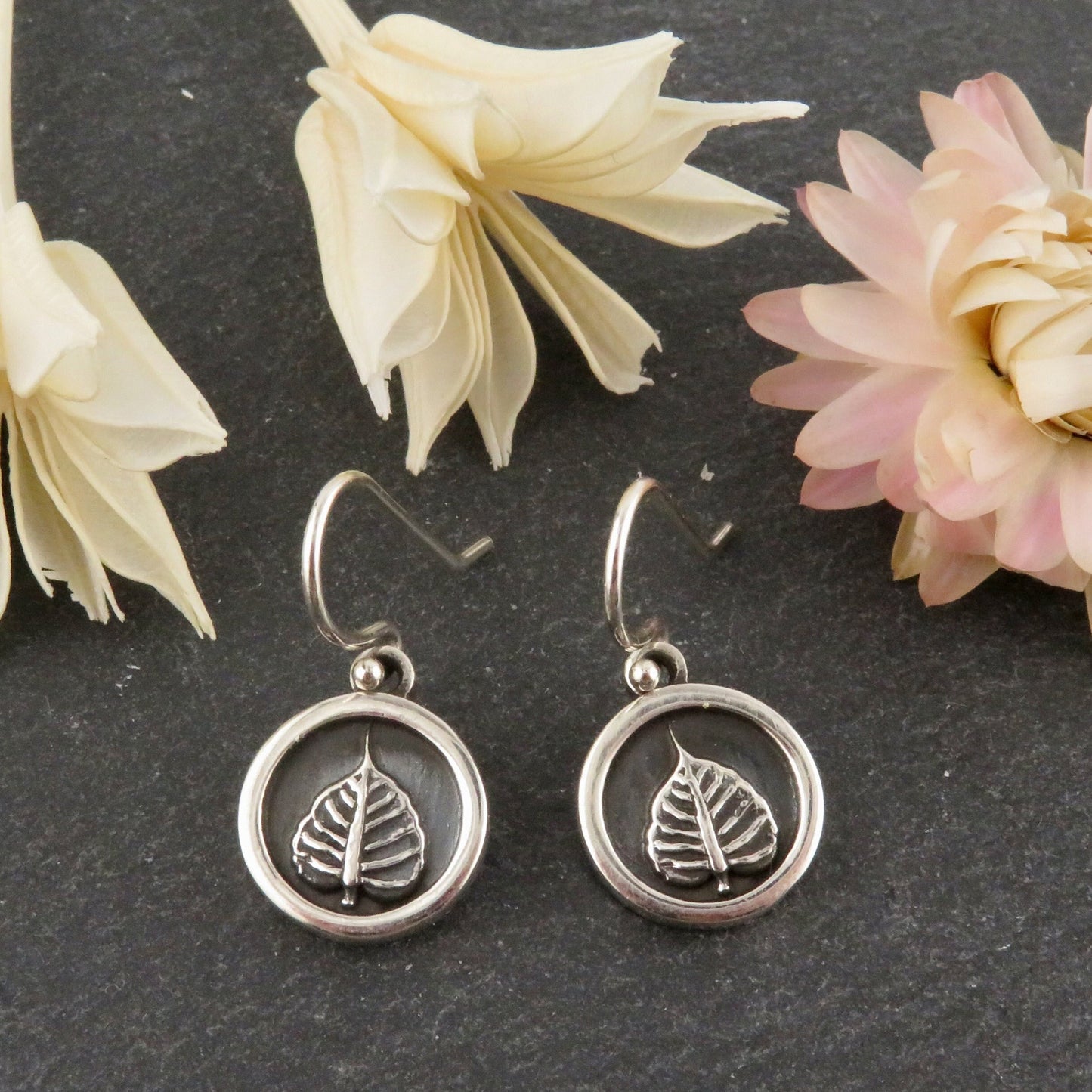Sterling Leaf Earrings | Silver Nature Earrings | Sterling Silver Leaves Earrings | Round Nature Earrings | Sterling Framed Leaf Earrings