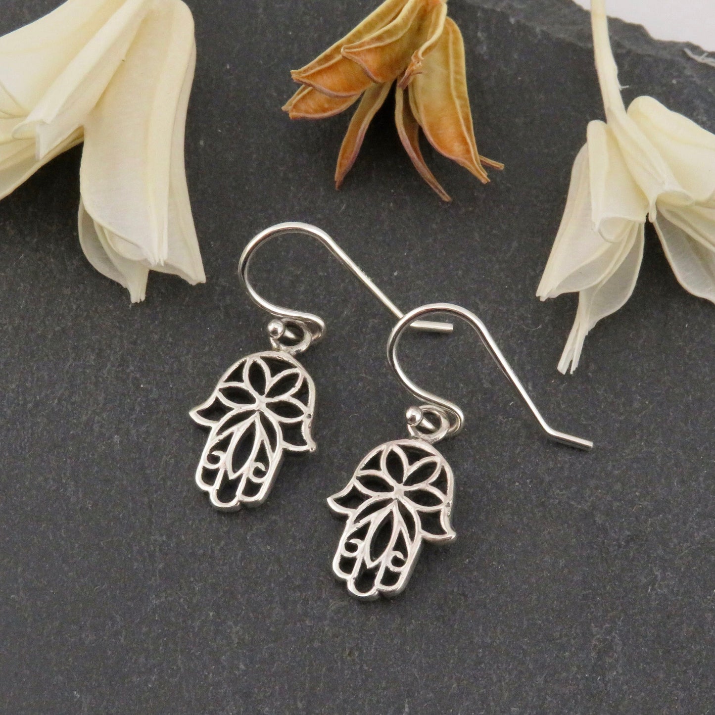 Sterling Hamsa Earrings, Silver Hand Earrings, Unique Hamsa Earrings, Floral Hamsa Earrings, Bat Mitzvah Gift, Judaic Earrings