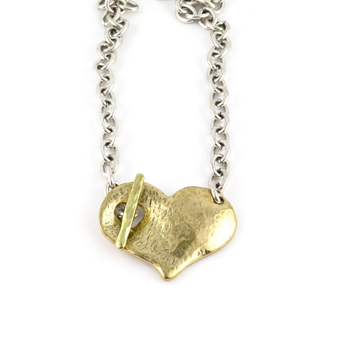 Two Tone Heart Necklace | Hammered Heart Necklace | Chunky Heart Necklace | Mixed Metal Necklace | Front Toggle Necklace | Unique Heart