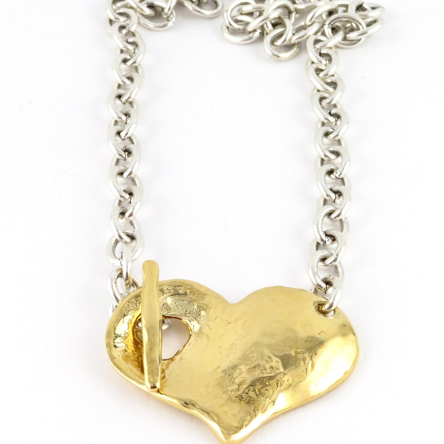 Two Tone Heart Necklace | Hammered Heart Necklace | Chunky Heart Necklace | Mixed Metal Necklace | Front Toggle Necklace | Unique Heart