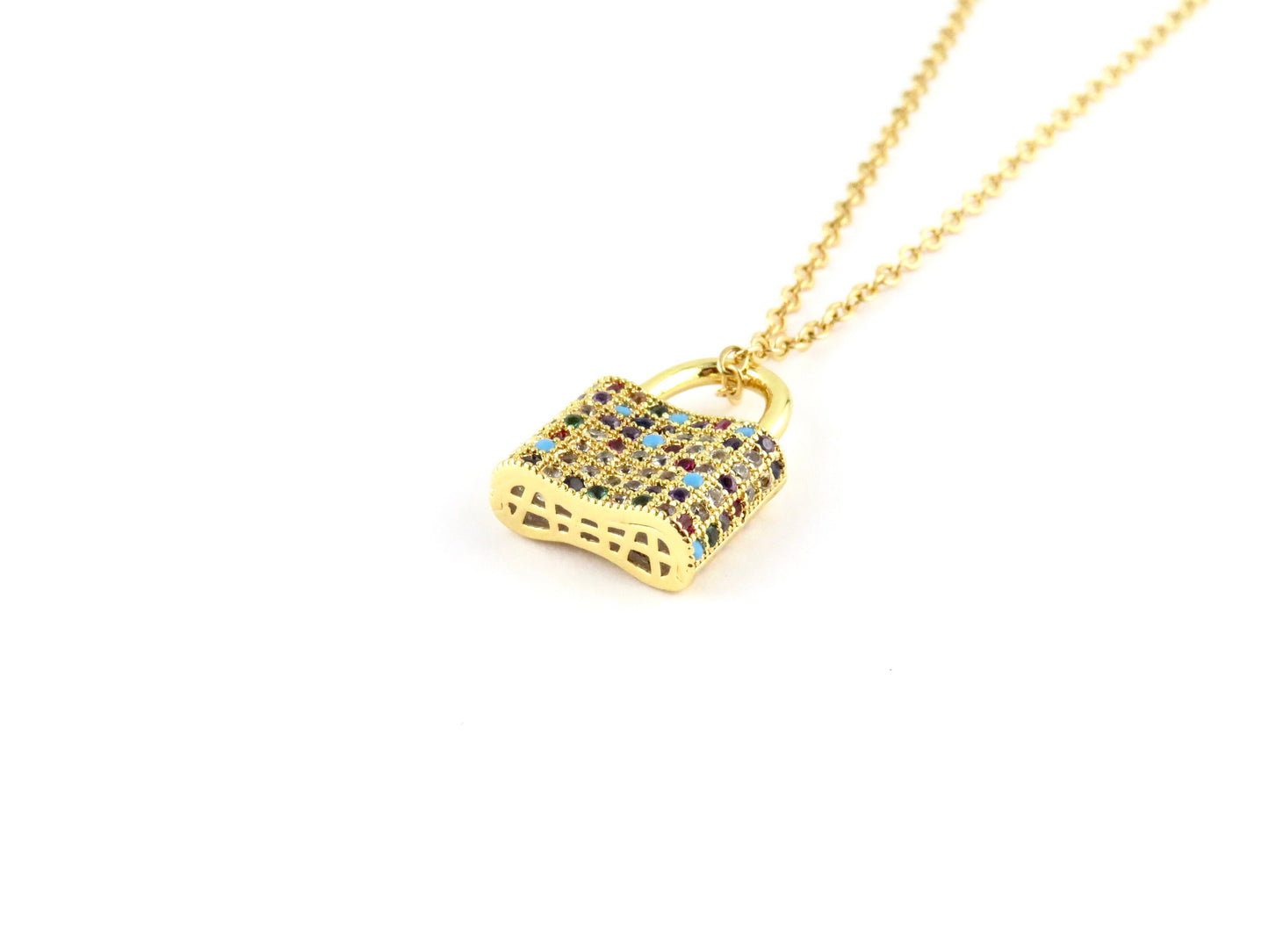 Gold Lock Necklace | Colorful Lock Necklace | Gold Rainbow Padlock Necklace | Gold Multicolored Lock Necklace | Gold Padlock Pendant