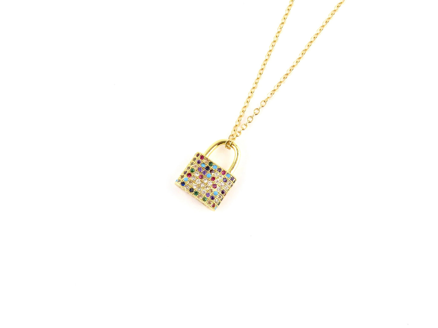 Gold Lock Necklace | Colorful Lock Necklace | Gold Rainbow Padlock Necklace | Gold Multicolored Lock Necklace | Gold Padlock Pendant