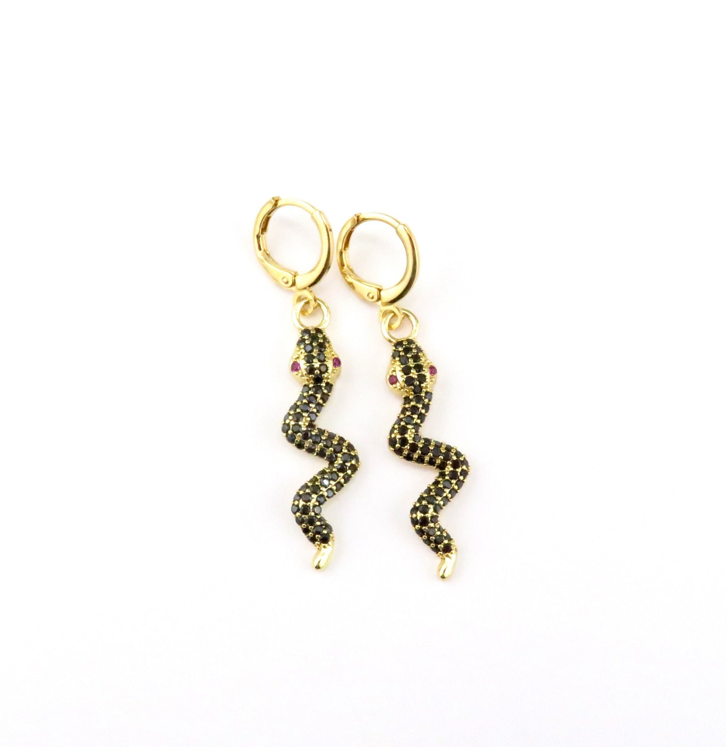Black Gold Snake Earrings | CZ Snake Earrings | Black Serpent Earrings | Sparkly Black Serpent Earrings | Gold Snake Hoops | Dark Snake
