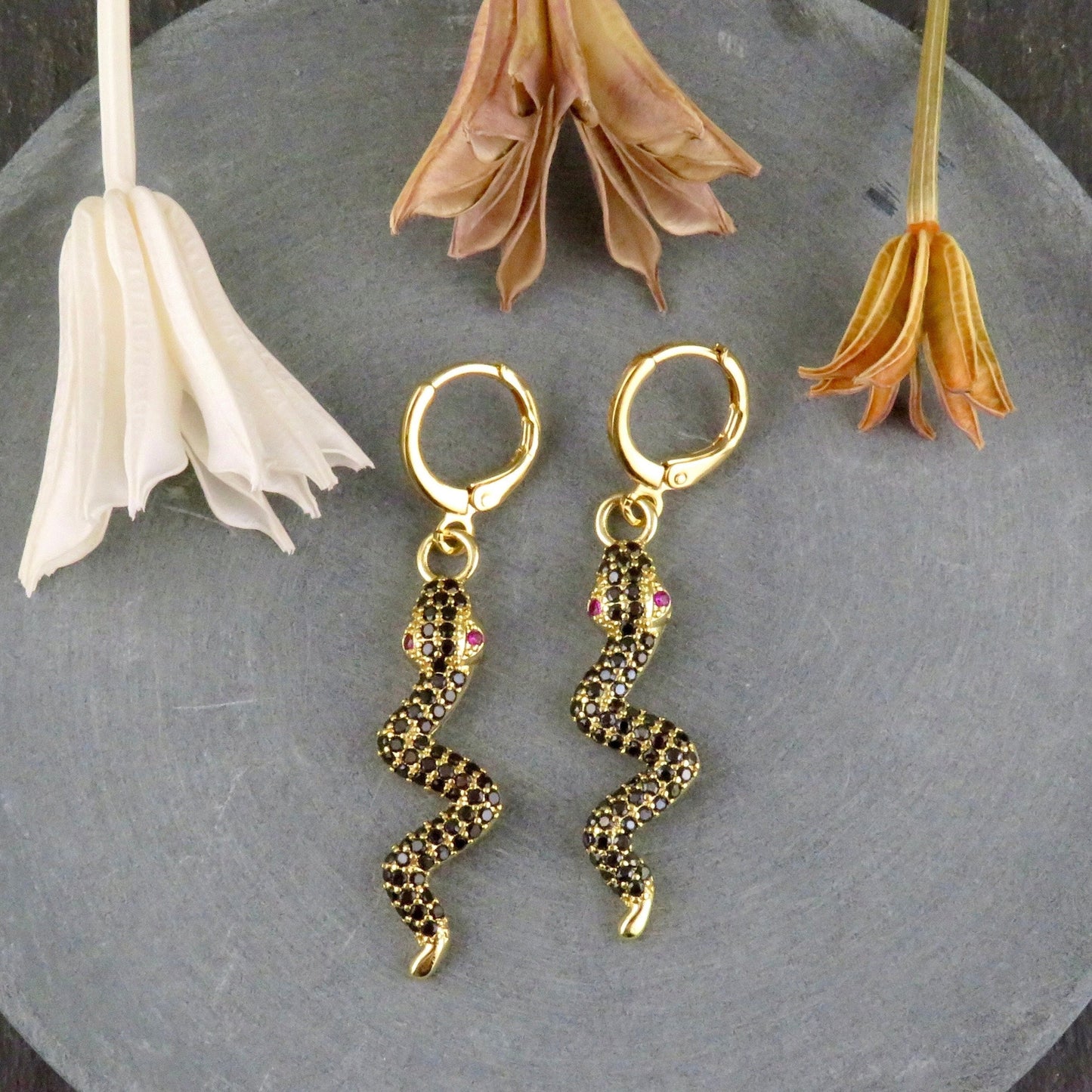 Black Gold Snake Earrings | CZ Snake Earrings | Black Serpent Earrings | Sparkly Black Serpent Earrings | Gold Snake Hoops | Dark Snake