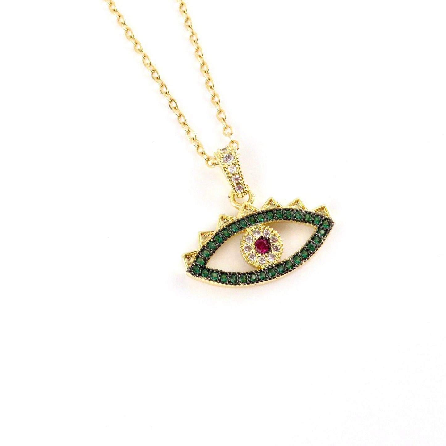 Gold Eye Necklace | Evil Eye Pendant | Evil Eye CZ Necklace | Pink Green Eye Pendant | Sparkly Evil Eye Pendant | Eye Protection Necklace
