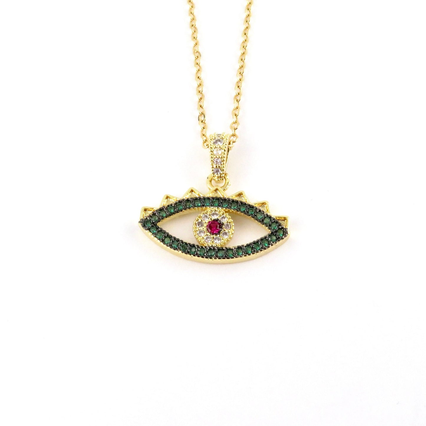 Gold Eye Necklace | Evil Eye Pendant | Evil Eye CZ Necklace | Pink Green Eye Pendant | Sparkly Evil Eye Pendant | Eye Protection Necklace
