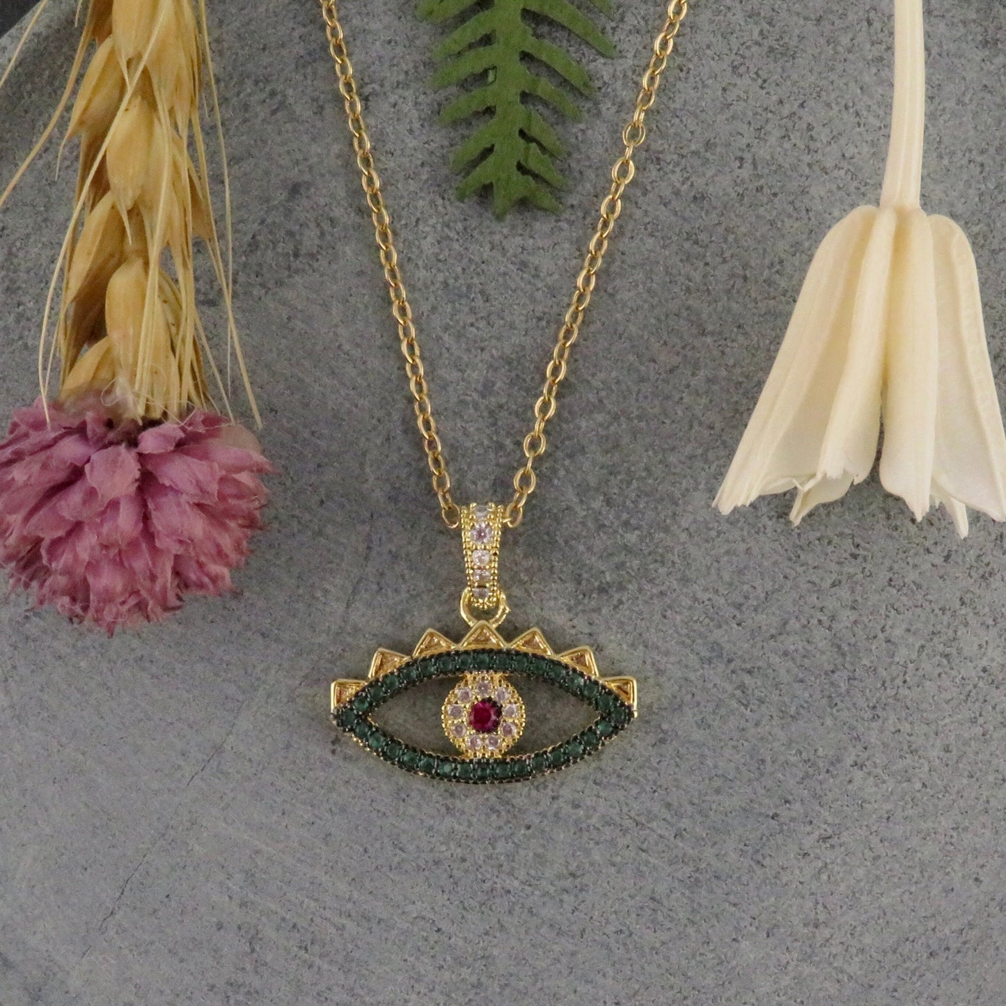 Gold Eye Necklace | Evil Eye Pendant | Evil Eye CZ Necklace | Pink Green Eye Pendant | Sparkly Evil Eye Pendant | Eye Protection Necklace